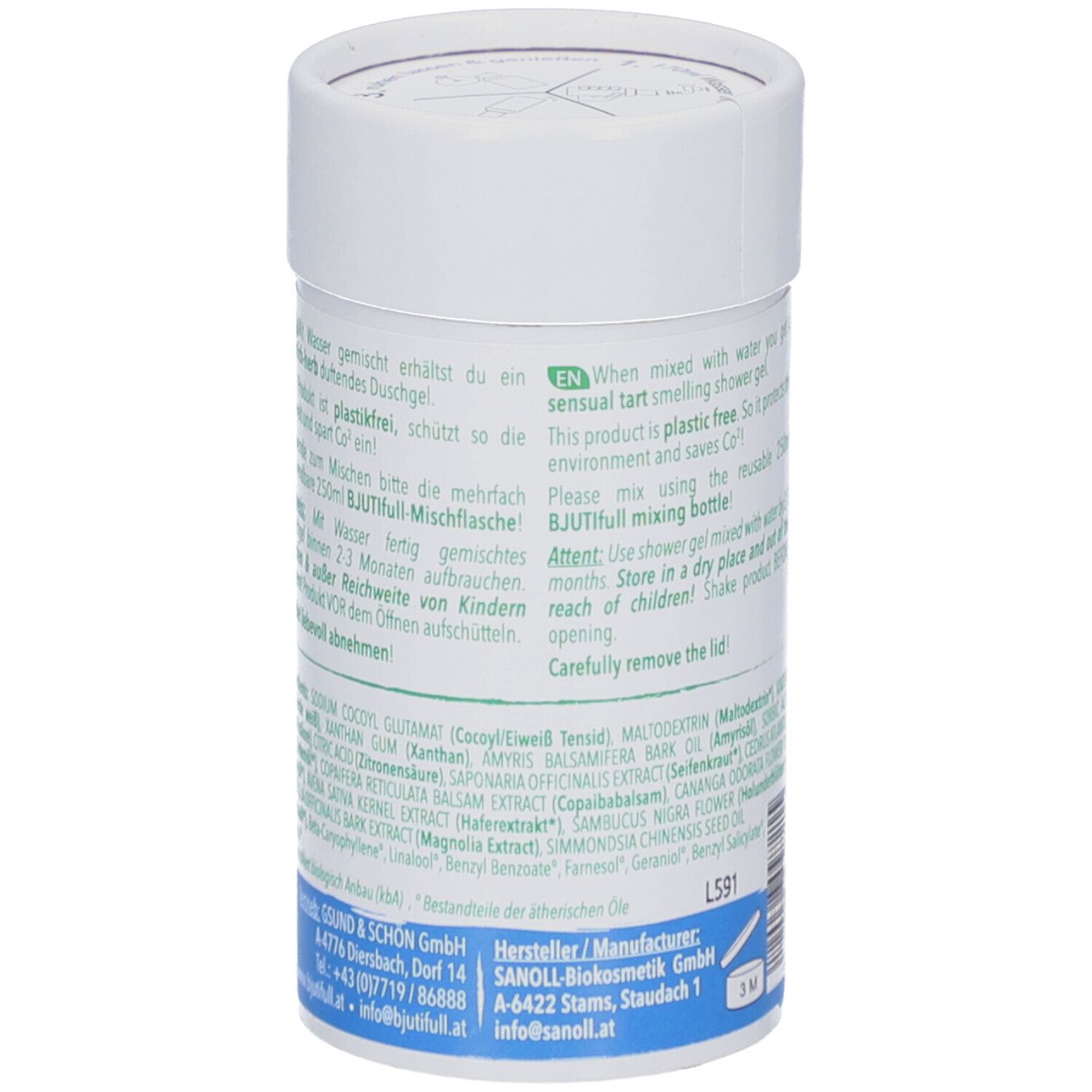 Seite der Dose BJUTIfull DuschGel Pulver. Text mit Gebrauchsanweisung und Inhaltsstoffen. Floral Dekor.