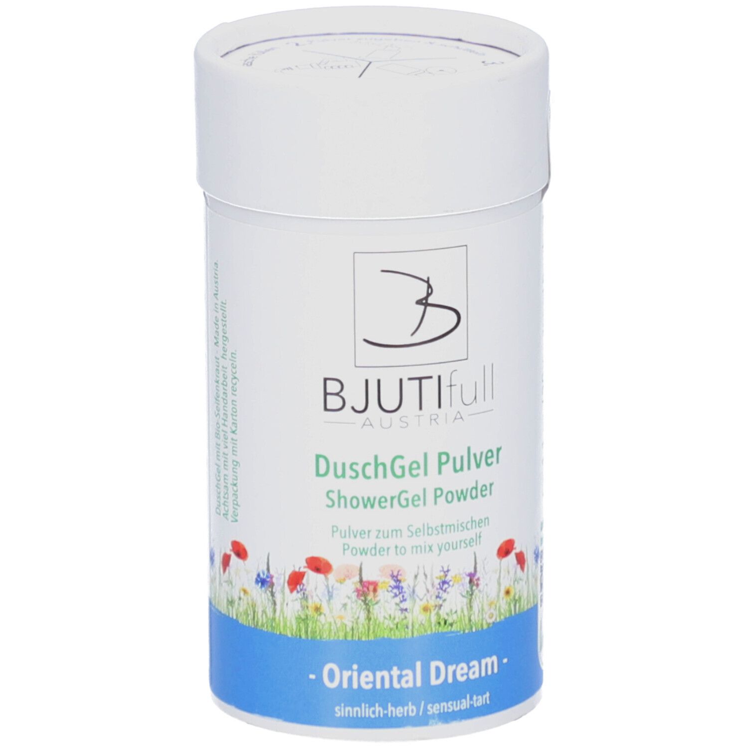 Zylindrische Dose BJUTIfull DuschGel Pulver. Weiß mit floralem Dekor und Produktinformationen. Deckel oben.