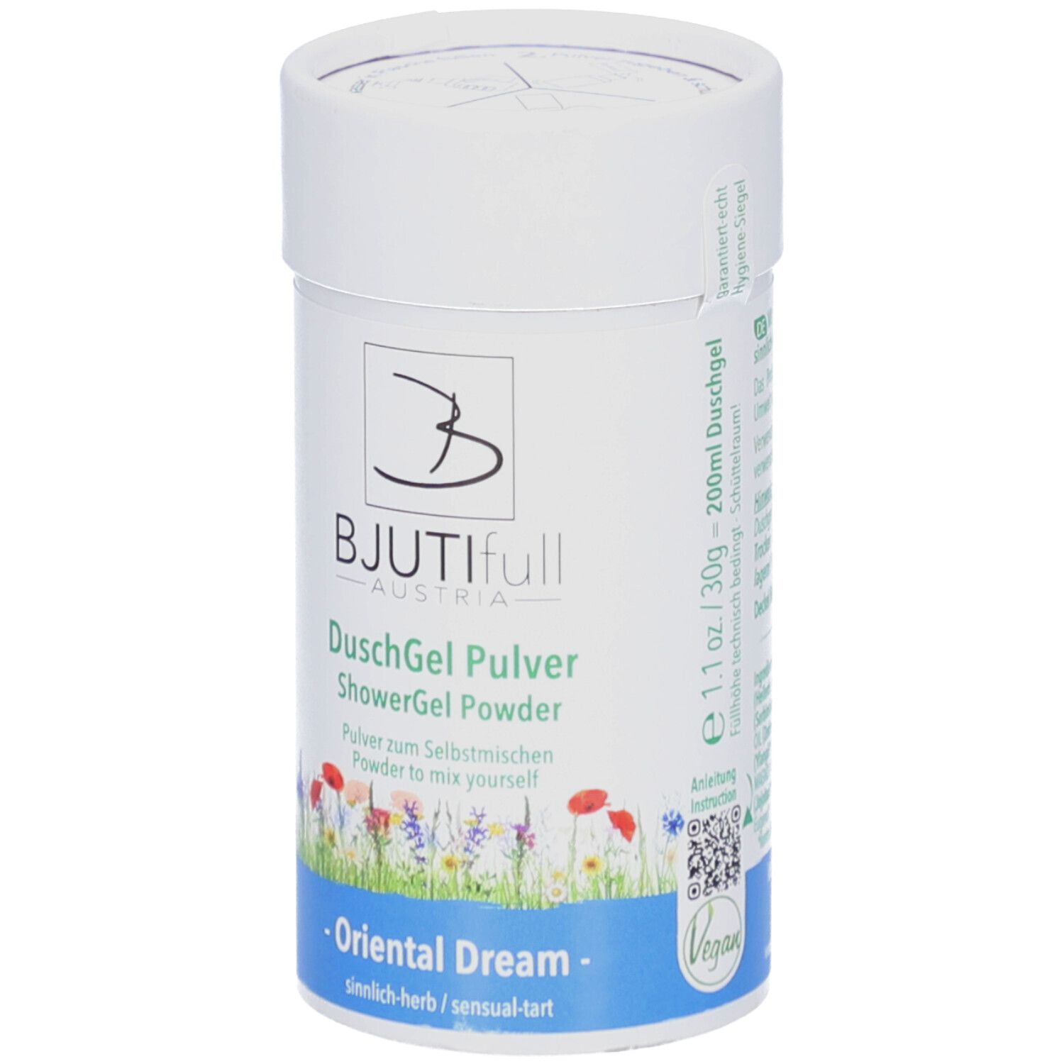 Dose BJUTIfull DuschGel Pulver. Weiß, mit Produktinformationen und Vegan-Siegel. Floral Dekor.