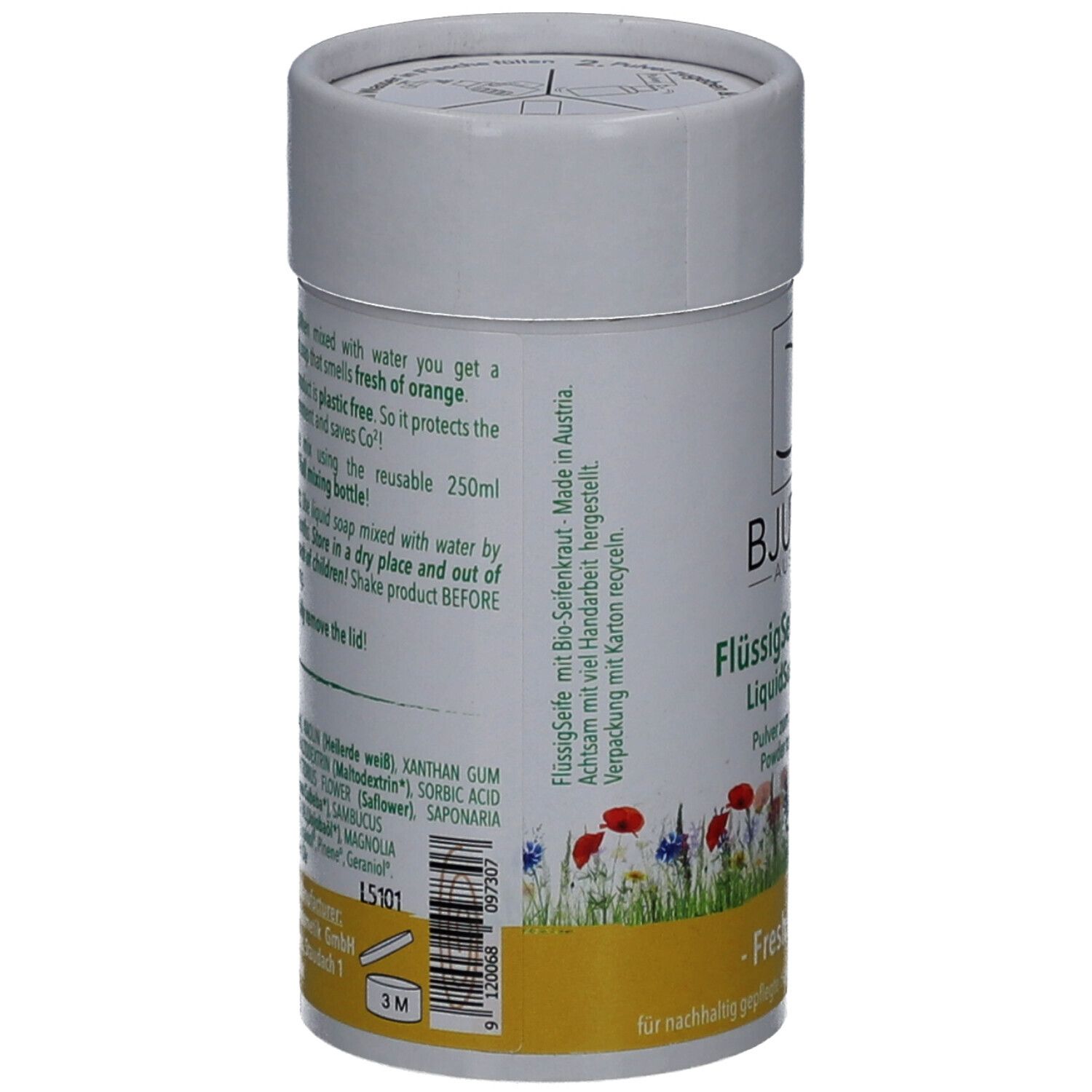 Rückseite der Dose mit BJUTIfull Flüssigseifen Pulver. Text, Inhaltsstoffe, und Herstellerinformationen sind sichtbar.