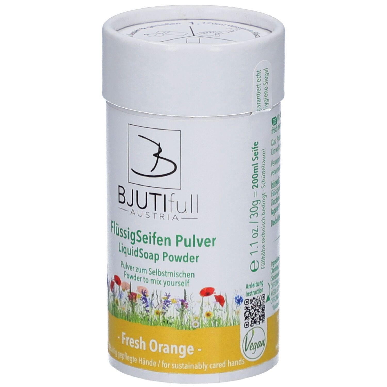 Zylindrische Dose mit BJUTIfull Flüssigseifen Pulver. Aufschrift: Fresh Orange. Vegan-Siegel. Volumen: 200ml.