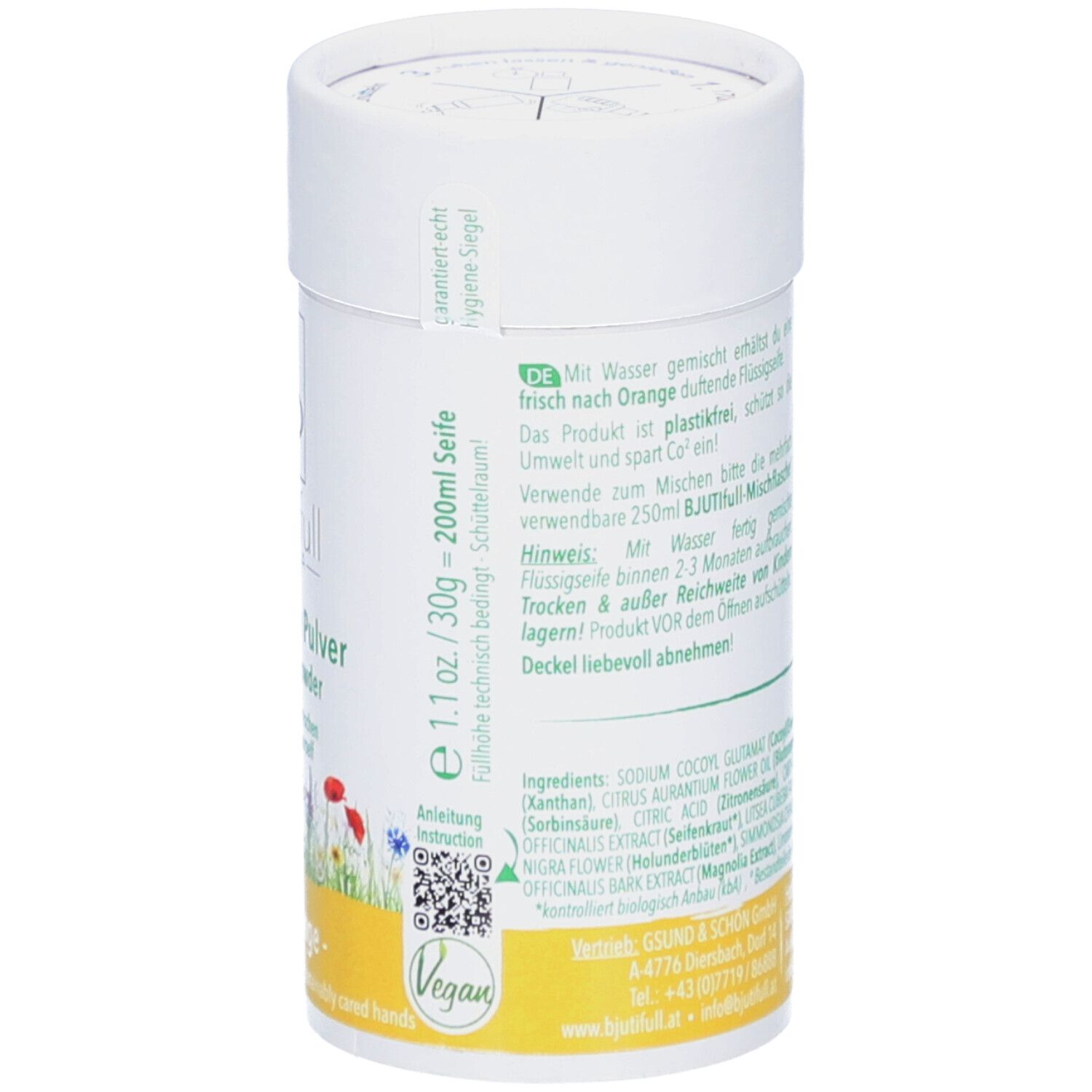 Rückseite der Dose mit BJUTIfull Flüssigseifen Pulver. Text, Inhaltsstoffe, Vegan-Siegel und Volumenangabe.