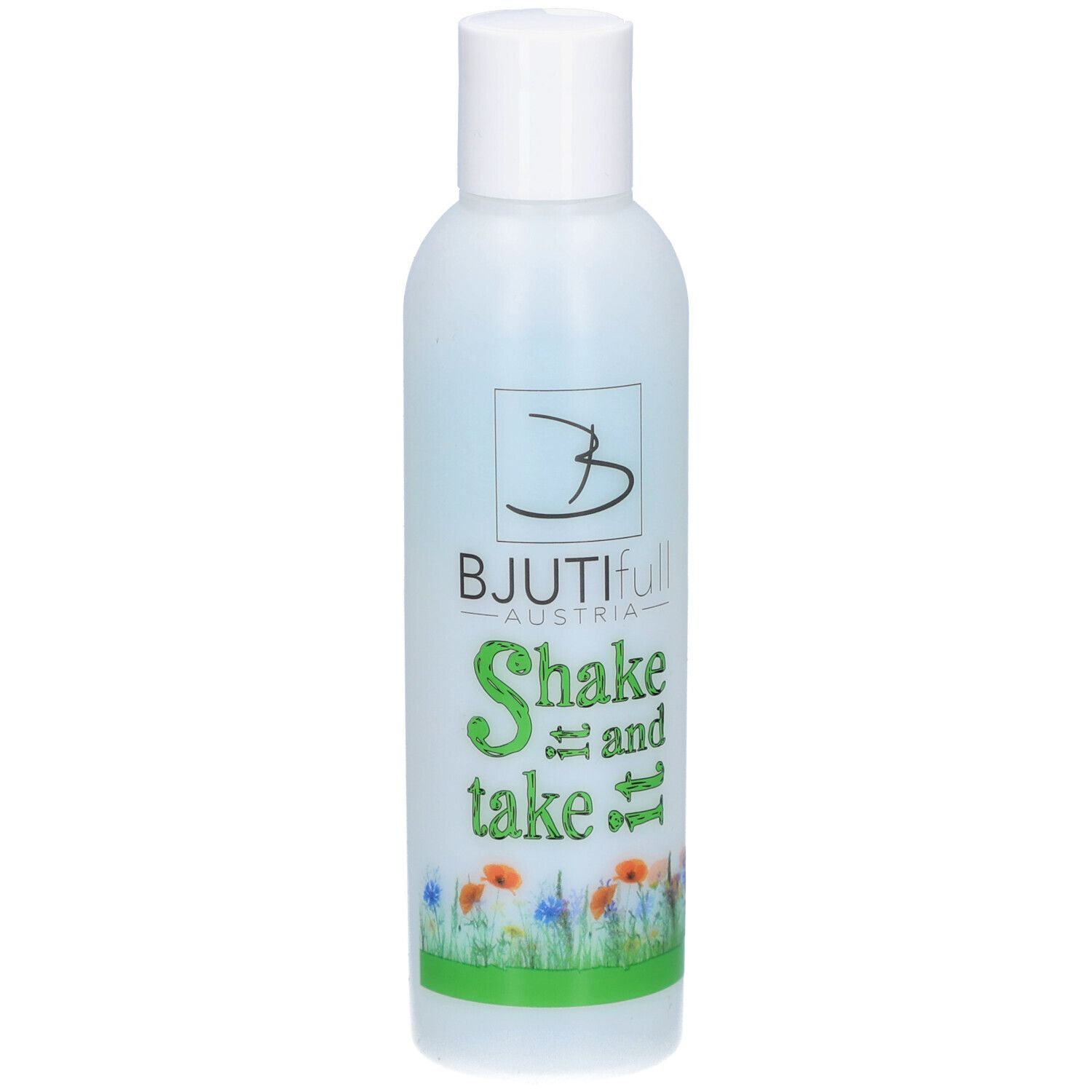 Flasche mit weißem Deckel. Aufschrift: BJUTIFULL AUSTRIA, Shake and take it. Blumenmuster am unteren Rand.