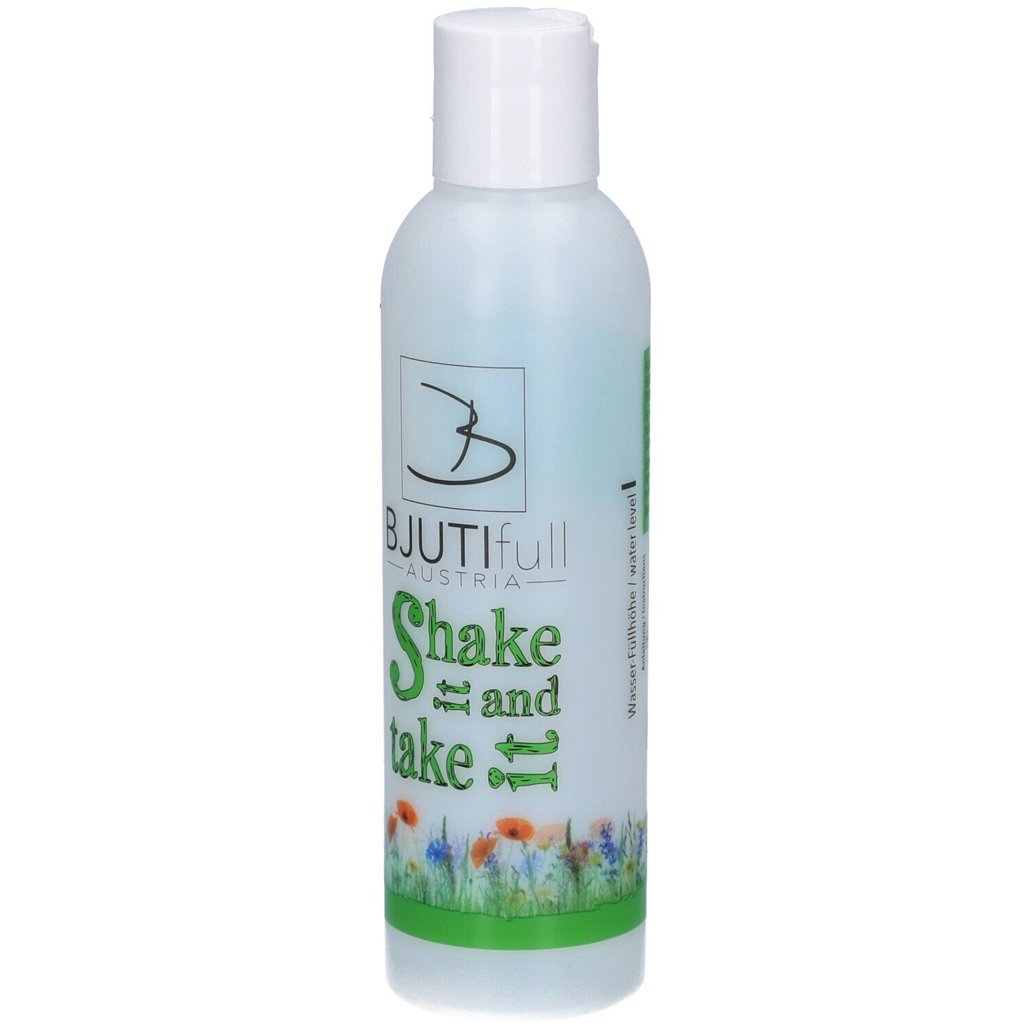 Flasche mit weißem Deckel. Aufschrift: BJUTIFULL AUSTRIA, Shake and take it. Blumenmuster am unteren Rand.