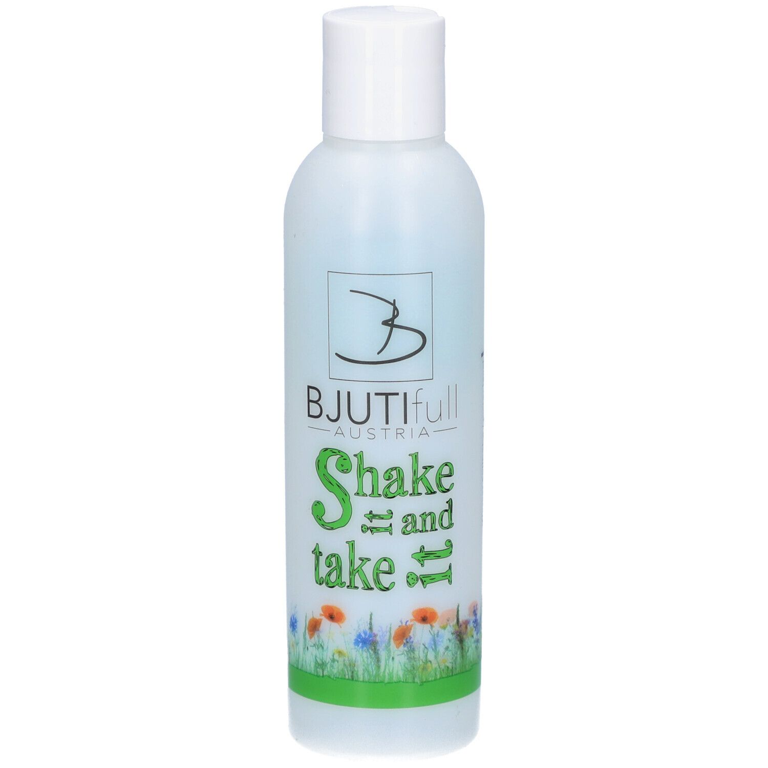 Flasche mit weißem Deckel. Aufschrift: BJUTIFULL AUSTRIA, Shake and take it. Blumenmuster am unteren Rand.