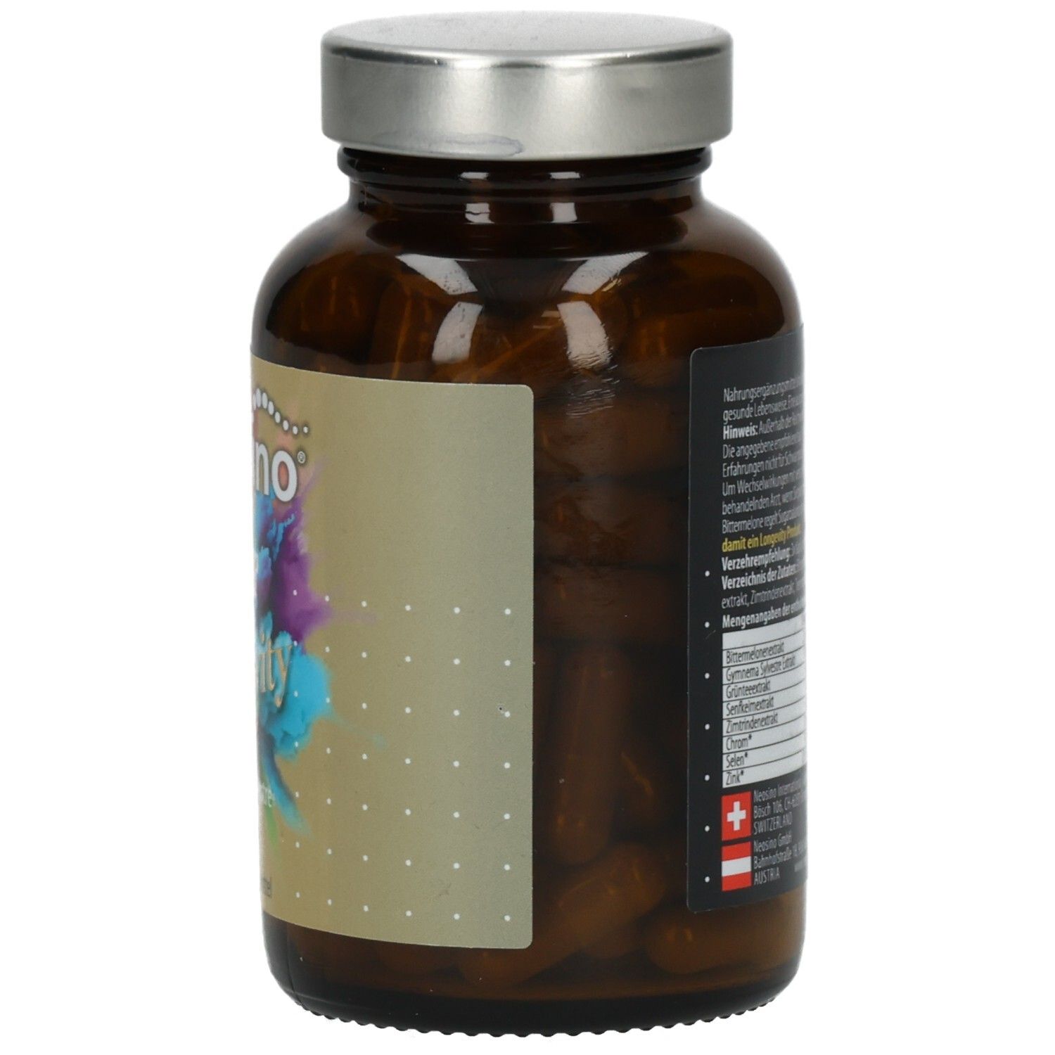 Braune Glasflasche mit silbernem Deckel. Etikett mit Text und Informationen. Enthält Angaben zu Inhaltsstoffen und Hersteller.