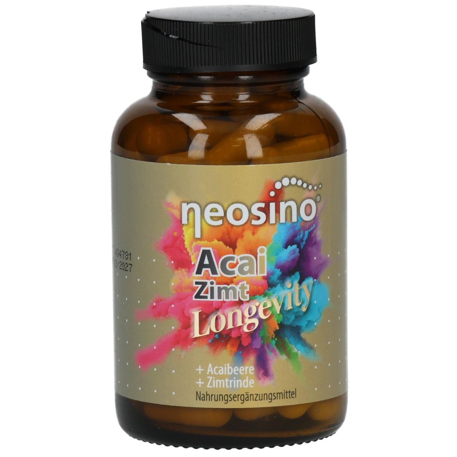 Braune Glasflasche mit schwarzem Deckel, gefüllt mit Kapseln. Vorderseite mit buntem Etikett "neosino Acai Zimt Longevity".