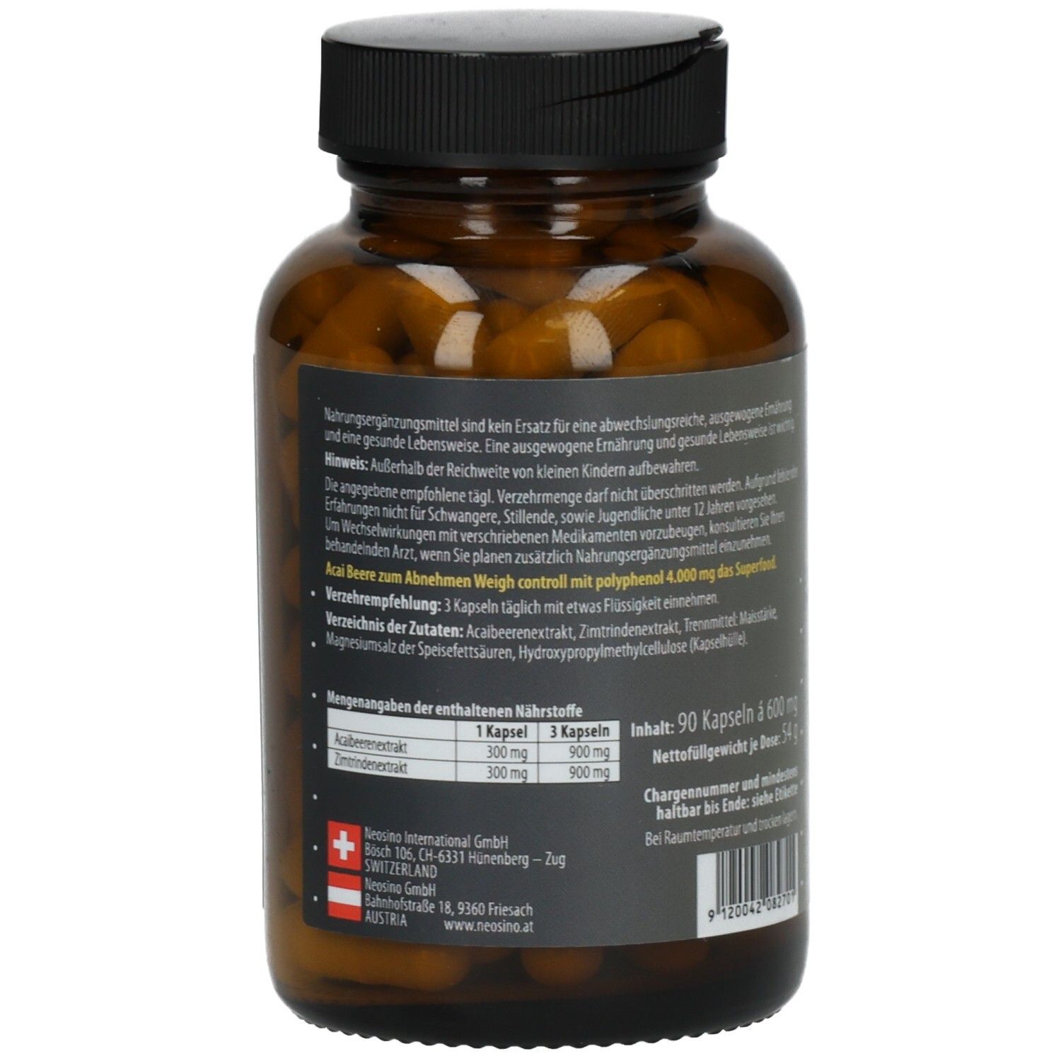 Braune Glasflasche mit Kapseln. Etikett mit Informationen. Inhaltsstoffe: Acai, Zimt, Magnesium. 90 Kapseln.