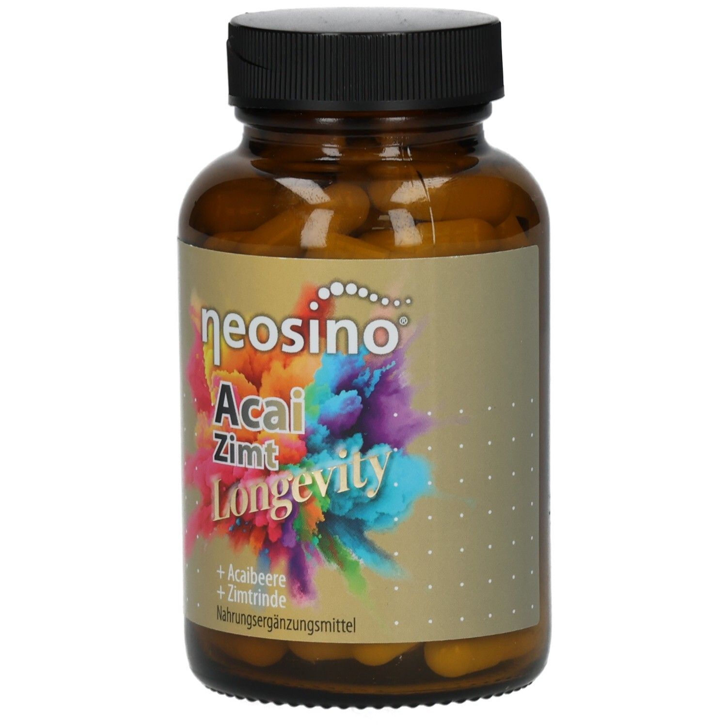 Braune Glasflasche mit Kapseln. Aufschrift: neosino Acai Zimt Longevity. Nahrungsergänzungsmittel.
