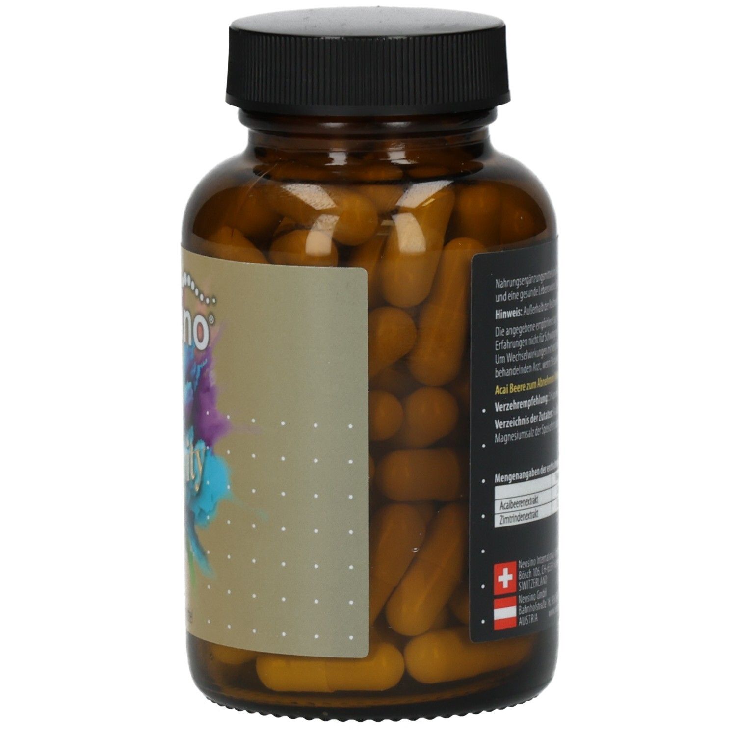 Braune Glasflasche mit Kapseln. Etikett mit Informationen. Enthält Acai, Zimt. Nahrungsergänzungsmittel.