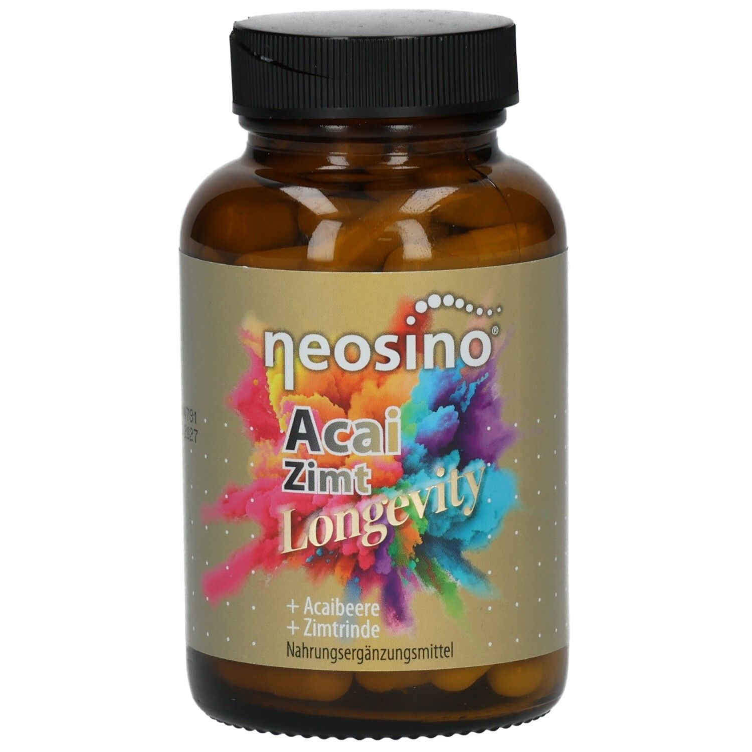 Braune Glasflasche mit Kapseln. Aufschrift: neosino Acai Zimt Longevity. Nahrungsergänzungsmittel.