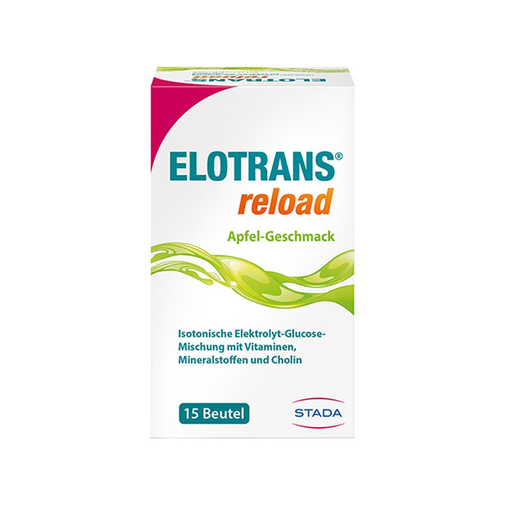 ELOTRANS reload Apfel-Geschmack. Isotonische Elektrolyt-Glucose-Mischung. 15 Beutel. STADA-Logo. Weißer Karton mit grünen und rosa Akzenten.