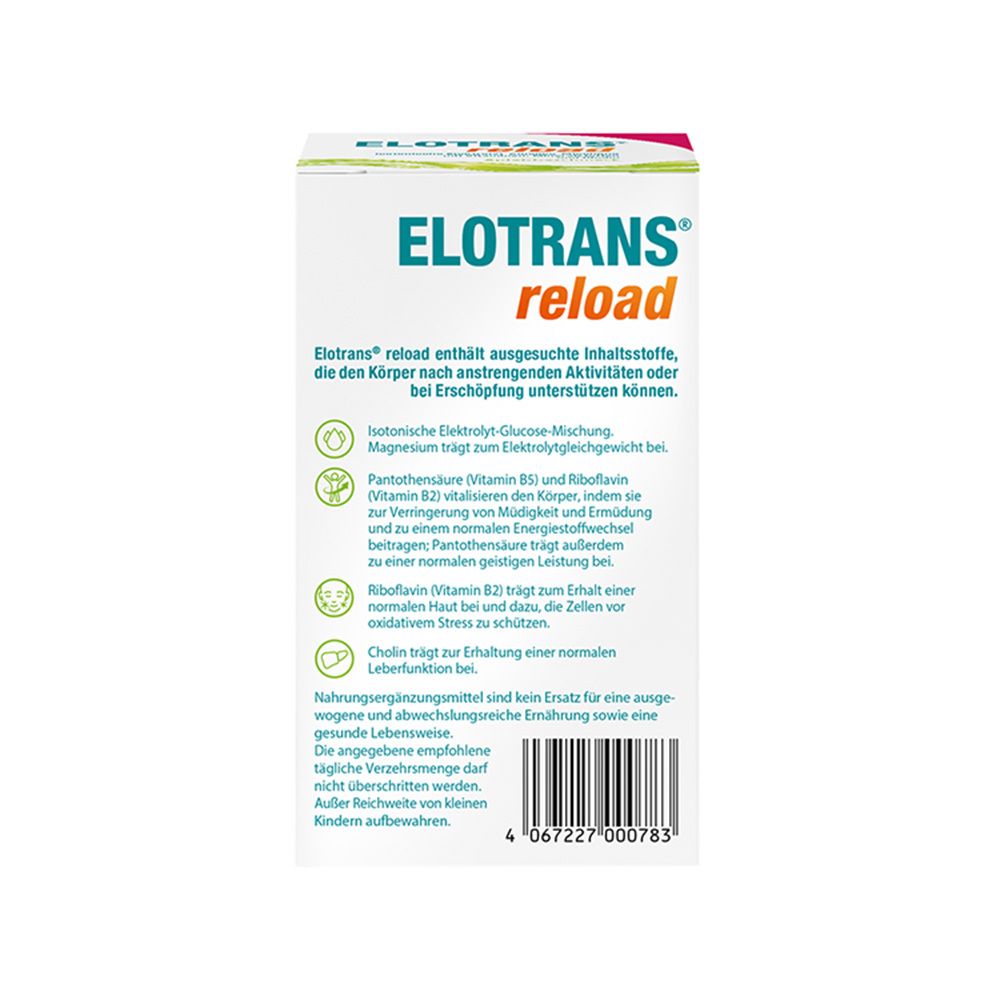 Rückseite der ELOTRANS reload-Verpackung. Textinformationen: Inhaltsstoffe, Hinweise, Kontaktinformationen. Barcode. Weißer Hintergrund.