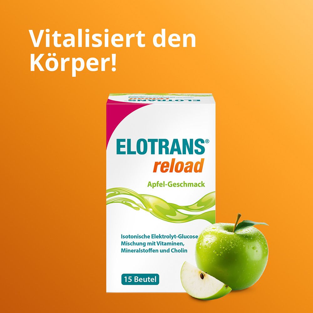ELOTRANS reload Apfel-Geschmack. Box mit Apfel und Text: Vitalisiert den Körper! Orangefarbener Hintergrund.