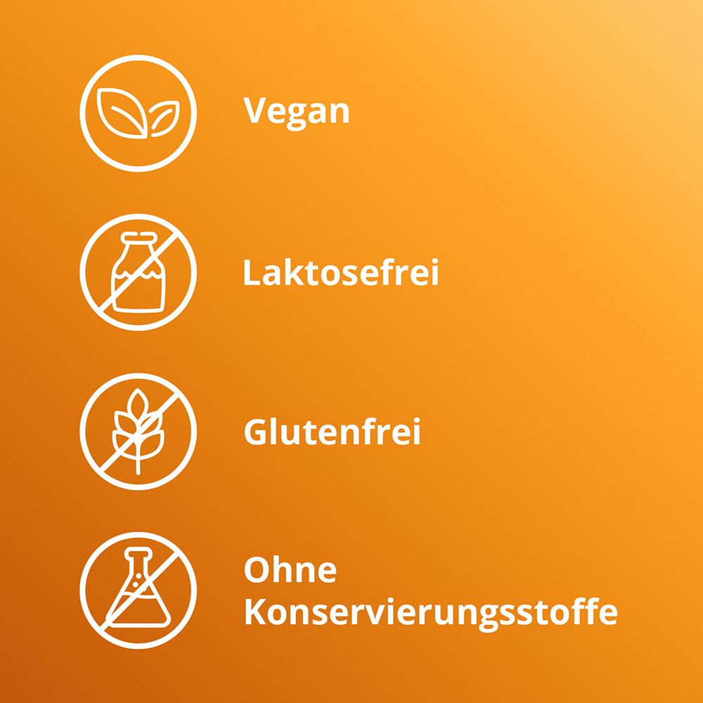 Icons: Vegan, laktosefrei, glutenfrei, ohne Konservierungsstoffe. Orangefarbener Hintergrund.