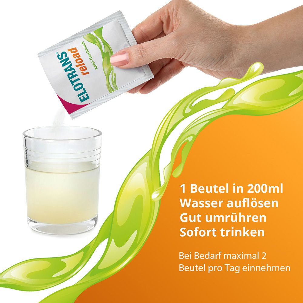 ELOTRANS reload wird in Wasser aufgelöst. Glas mit Flüssigkeit, Beutel wird geöffnet. Orangefarbener Hintergrund.