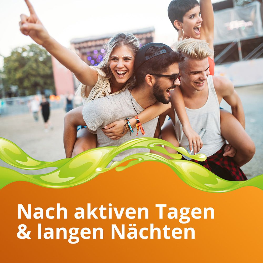 Menschen feiern. Text: Nach aktiven Tagen & langen Nächten. Orangefarbener Hintergrund.