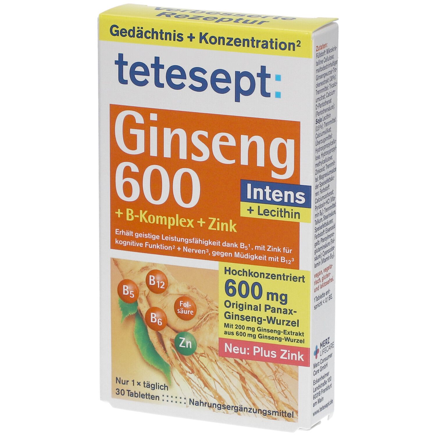 Tetesept Ginseng 600 Intens Tabletten-Packung. Orange-weißes Design mit Produktnamen und Inhaltsstoffen. 30 Tabletten.