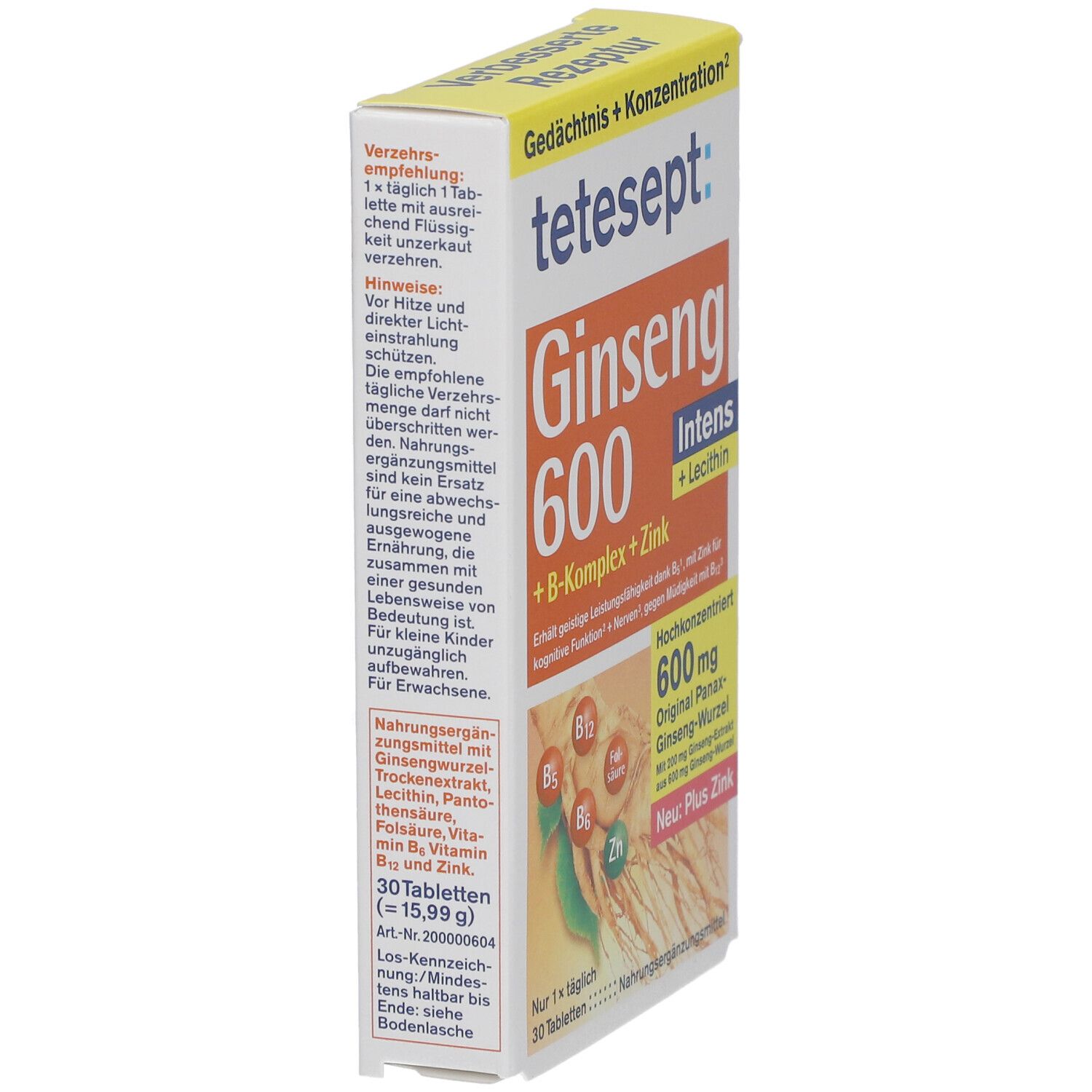 Tetesept Ginseng 600 Intens Tabletten-Packung, Seitenansicht. Produktname, Inhaltsstoffe und 30 Tabletten sind sichtbar.