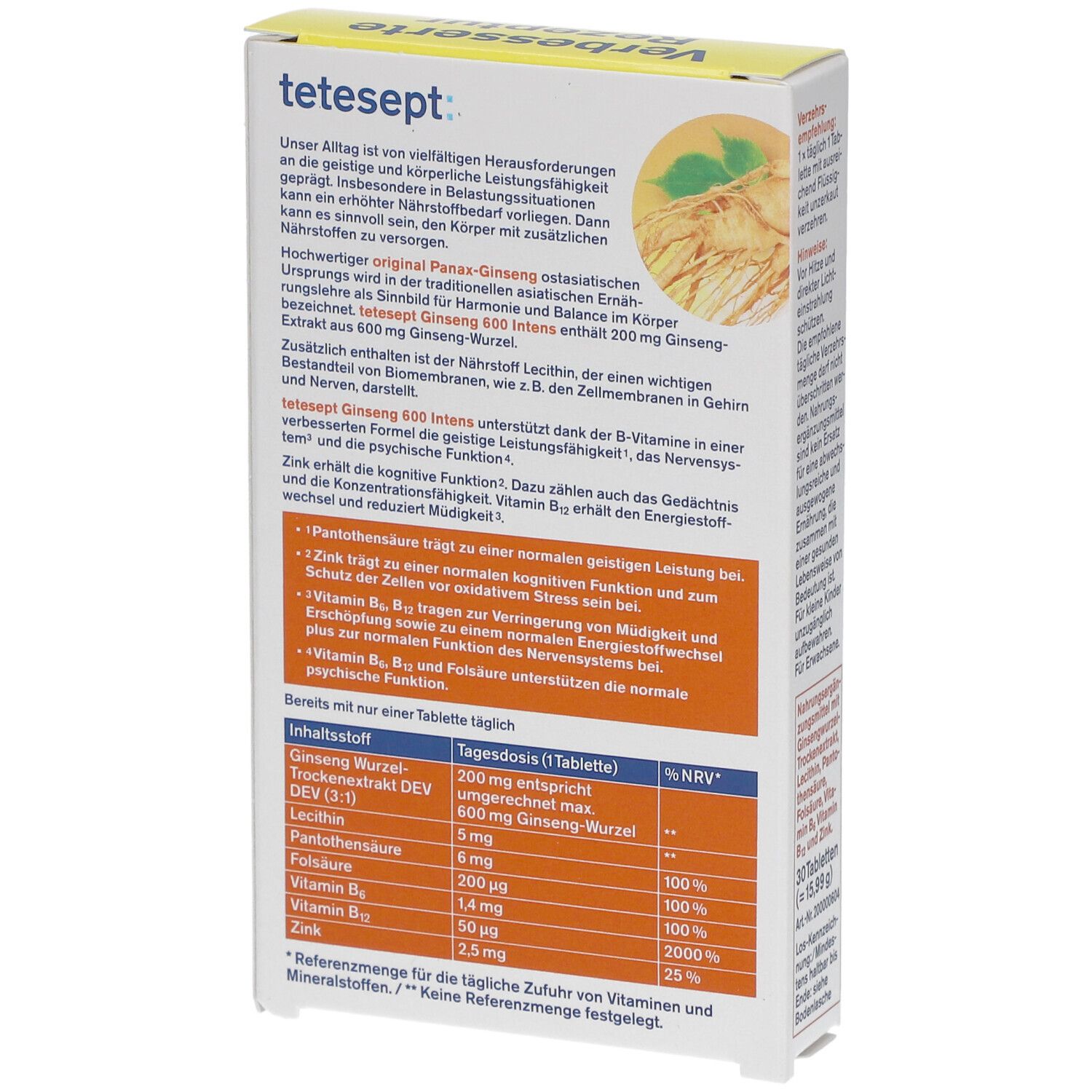 Rückseite der Tetesept Ginseng 600 Intens Tabletten-Packung. Enthält Informationen zu Inhaltsstoffen und Nährwerten.