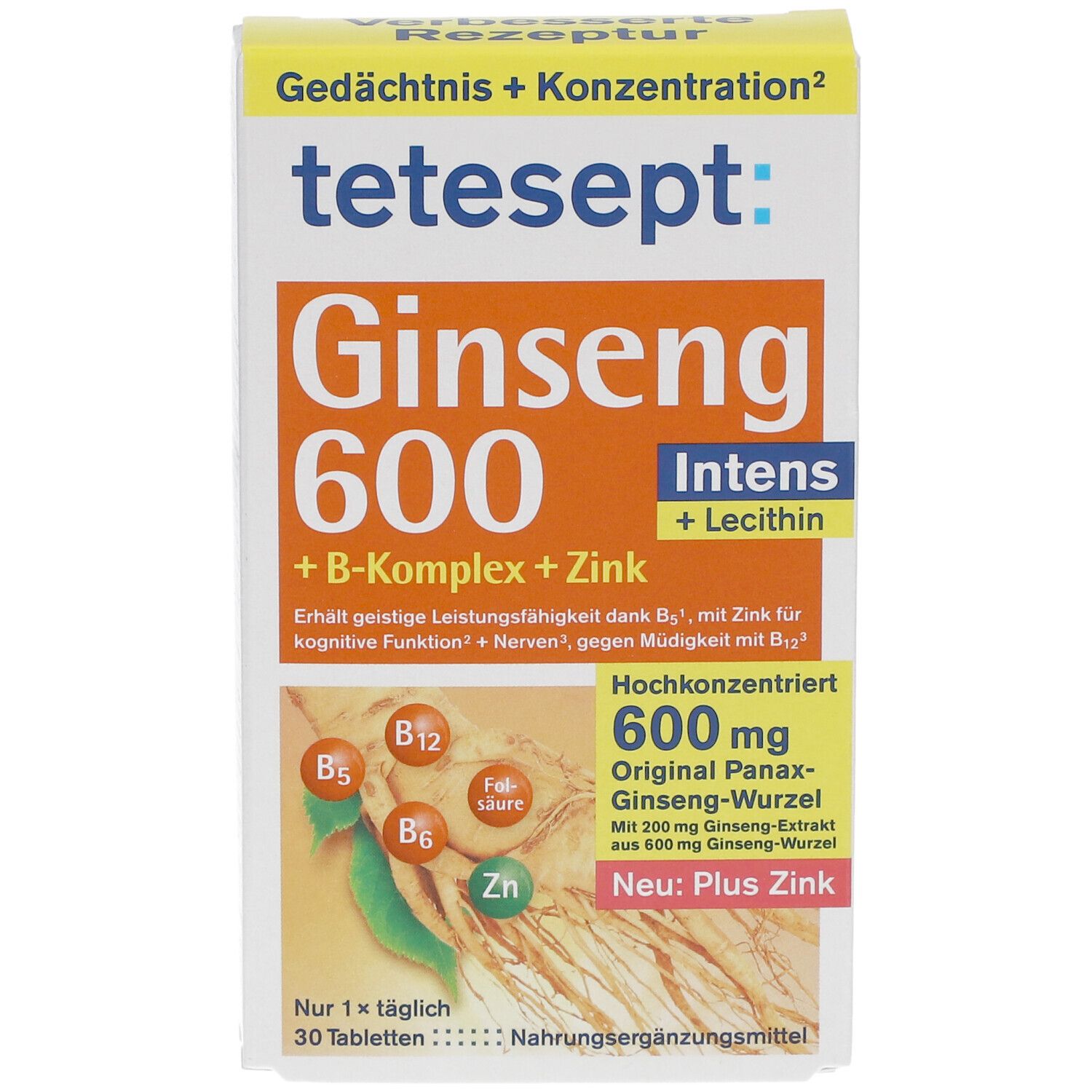 Tetesept Ginseng 600 Intens Tabletten-Packung. Orange-weißes Design mit Produktnamen und Inhaltsstoffen. 30 Tabletten.