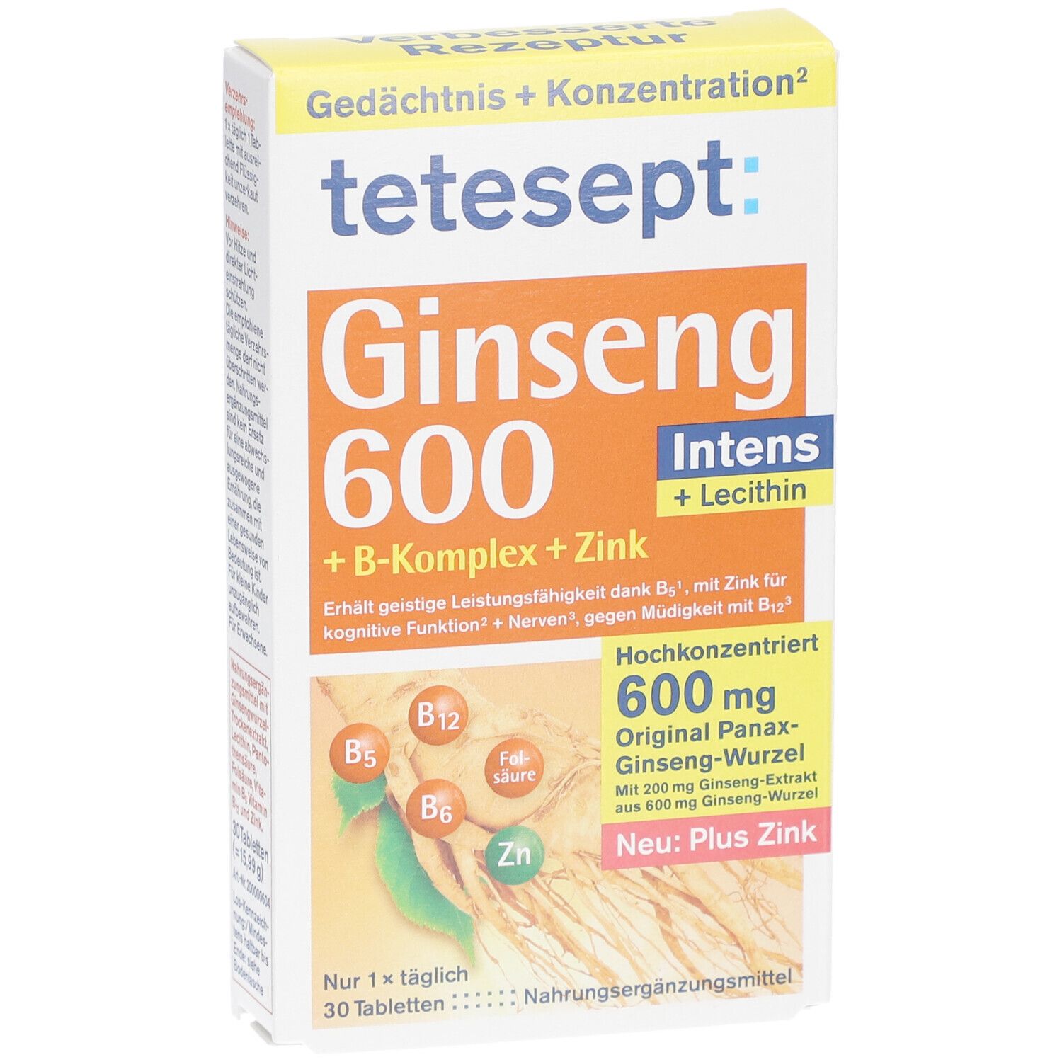 Tetesept Ginseng 600 Intens Tabletten-Packung. Orange-weißes Design mit Produktnamen und Inhaltsstoffen. 30 Tabletten.