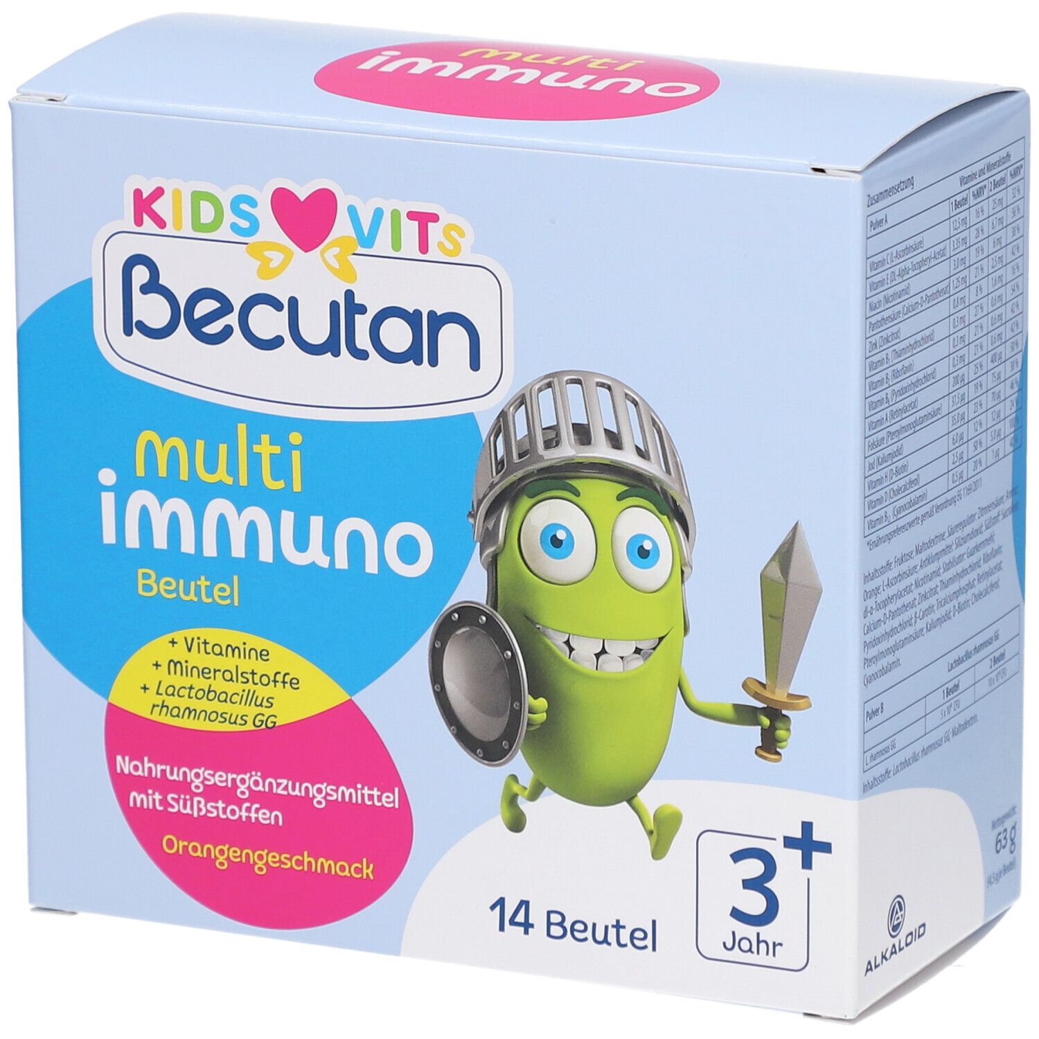 Blau-weiße Schachtel mit Produktnamen BECUTAN KIDS VITS multi immuno. Enthält 14 Beutel. Abgebildet ist ein grüner Cartoon-Charakter.