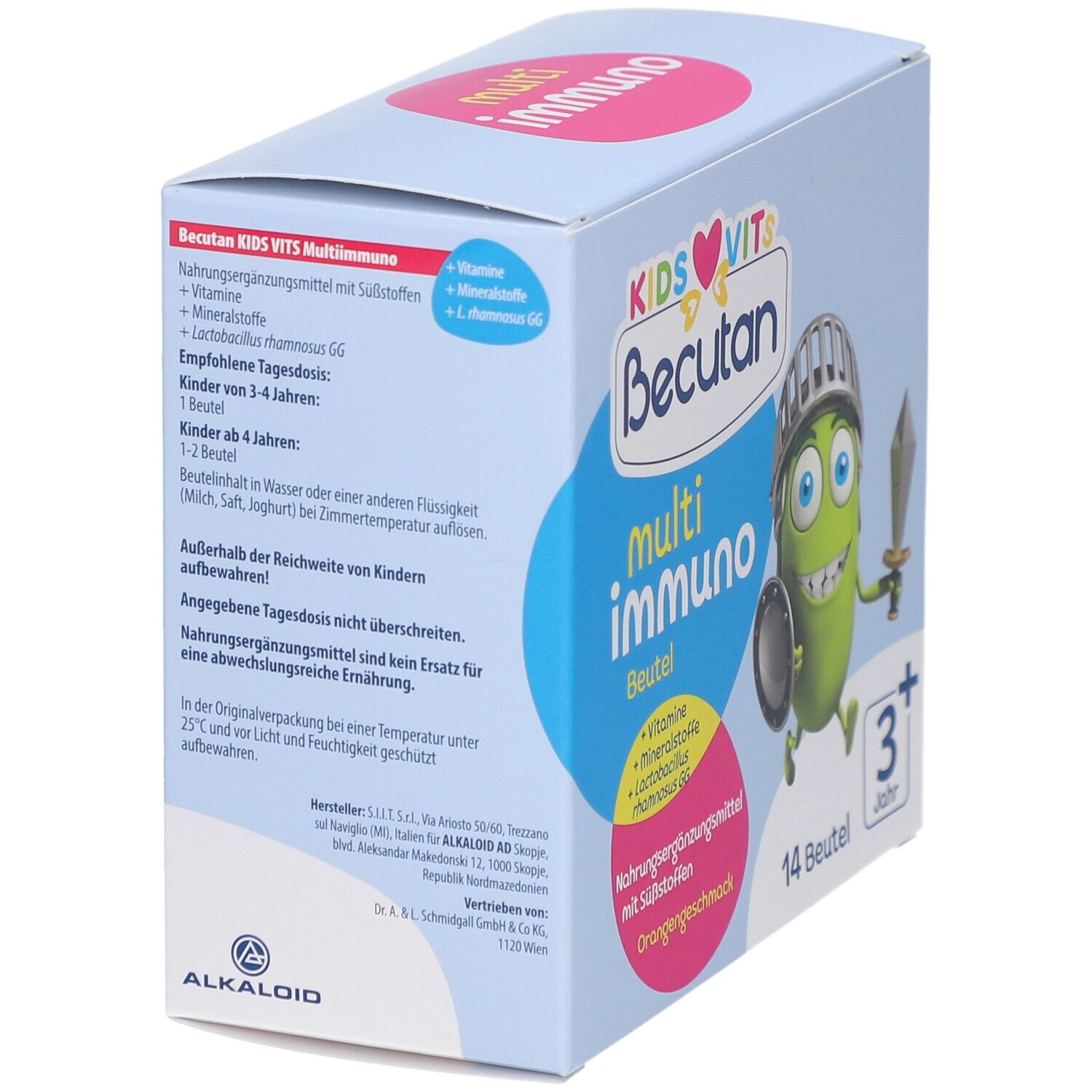 Blaue Schachtel mit BECUTAN KIDS VITS multi immuno. Enthält 14 Beutel. Auf der Seite Informationen zur Dosierung und Inhaltsstoffen.