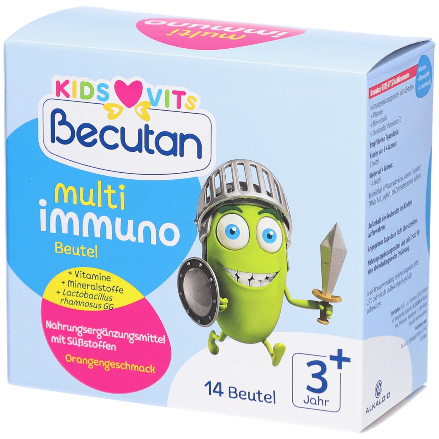 Blaue Schachtel mit BECUTAN KIDS VITS multi immuno. Enthält 14 Beutel. Abgebildet ist ein grüner Cartoon-Charakter mit Schild und Schwert.