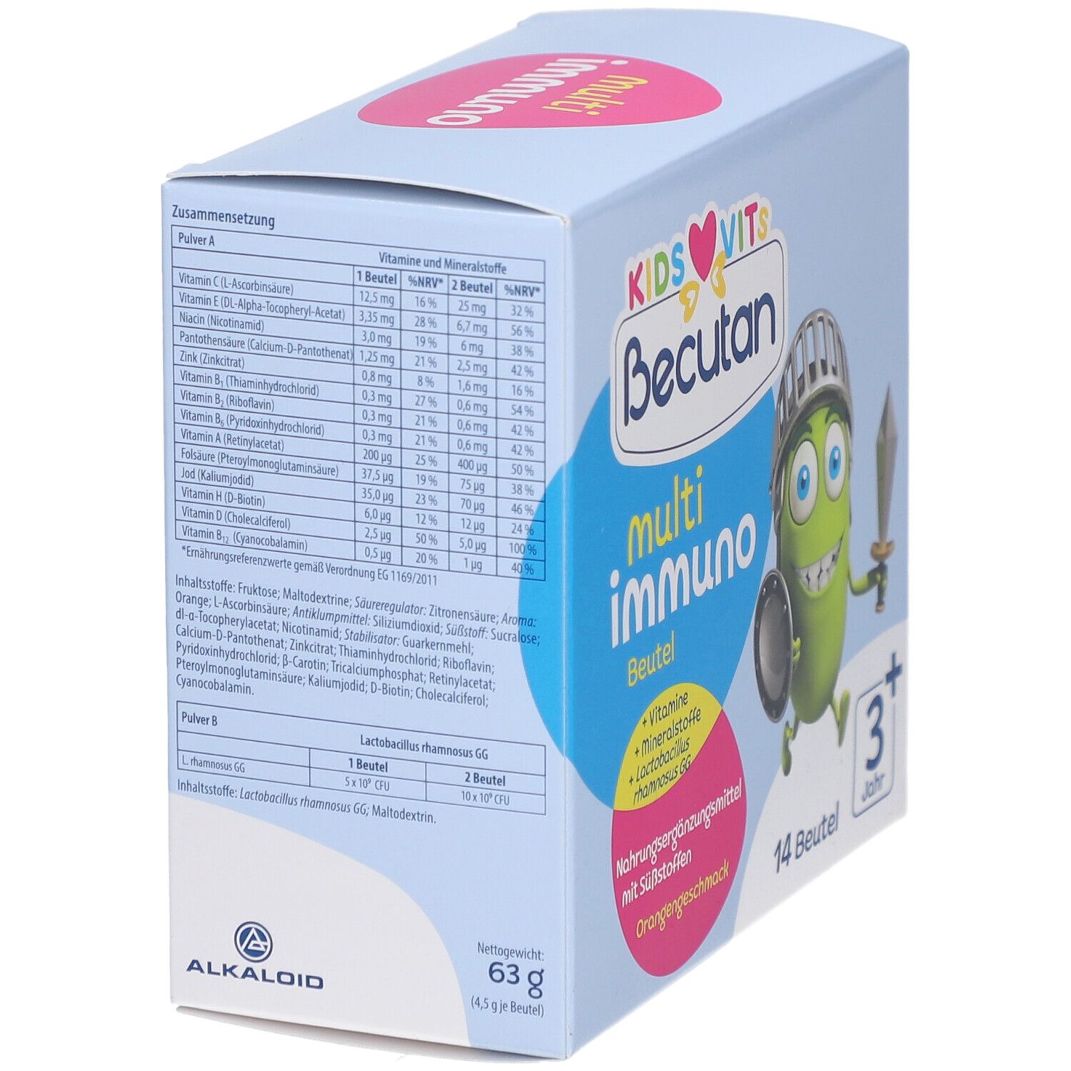 Blaue Schachtel mit BECUTAN KIDS VITS multi immuno. Enthält 14 Beutel. Auf der Seite Nährwertangaben und Inhaltsstoffe.