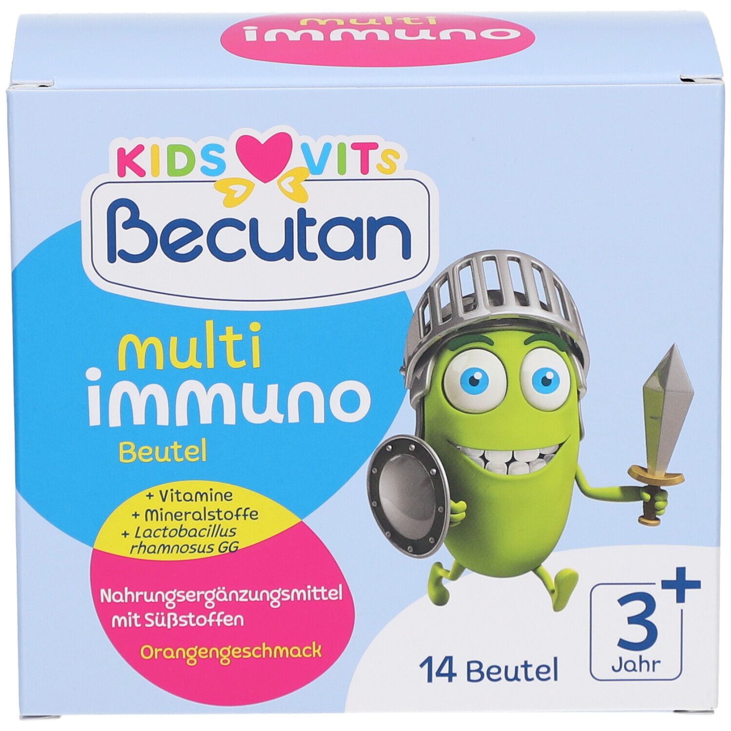 Blaue Schachtel mit BECUTAN KIDS VITS multi immuno. Enthält 14 Beutel. Abgebildet ist ein grüner Cartoon-Charakter.