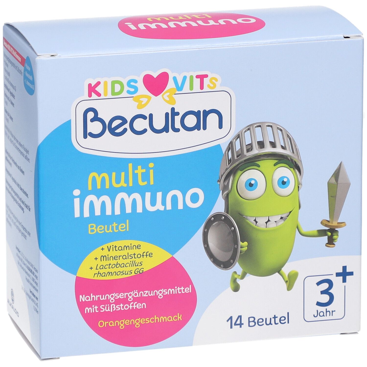 Blaue Schachtel mit BECUTAN KIDS VITS multi immuno. Enthält 14 Beutel. Abgebildet ist ein grüner Cartoon-Charakter.