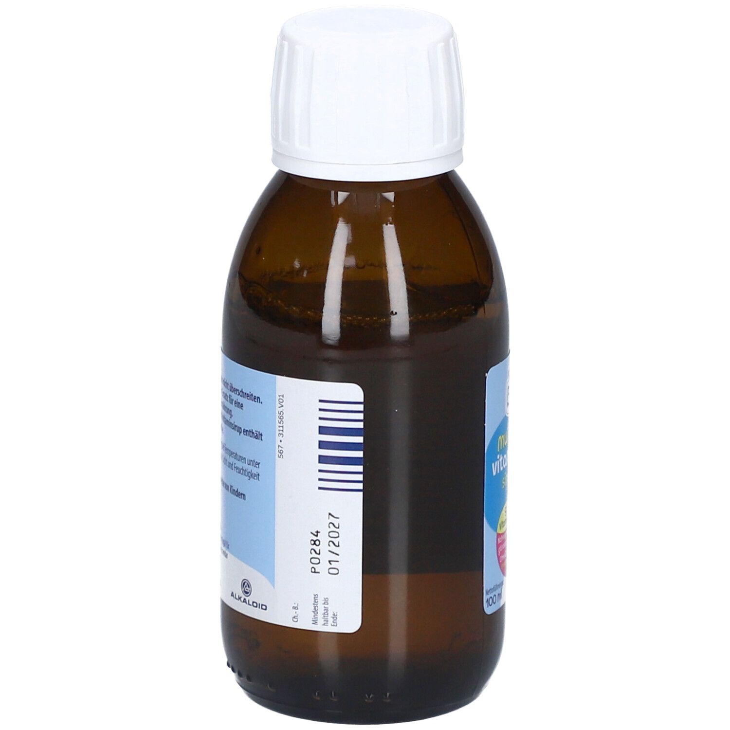 Rückseite der braunen Glasflasche mit weißem Deckel. Etikett mit Barcode und Informationen.