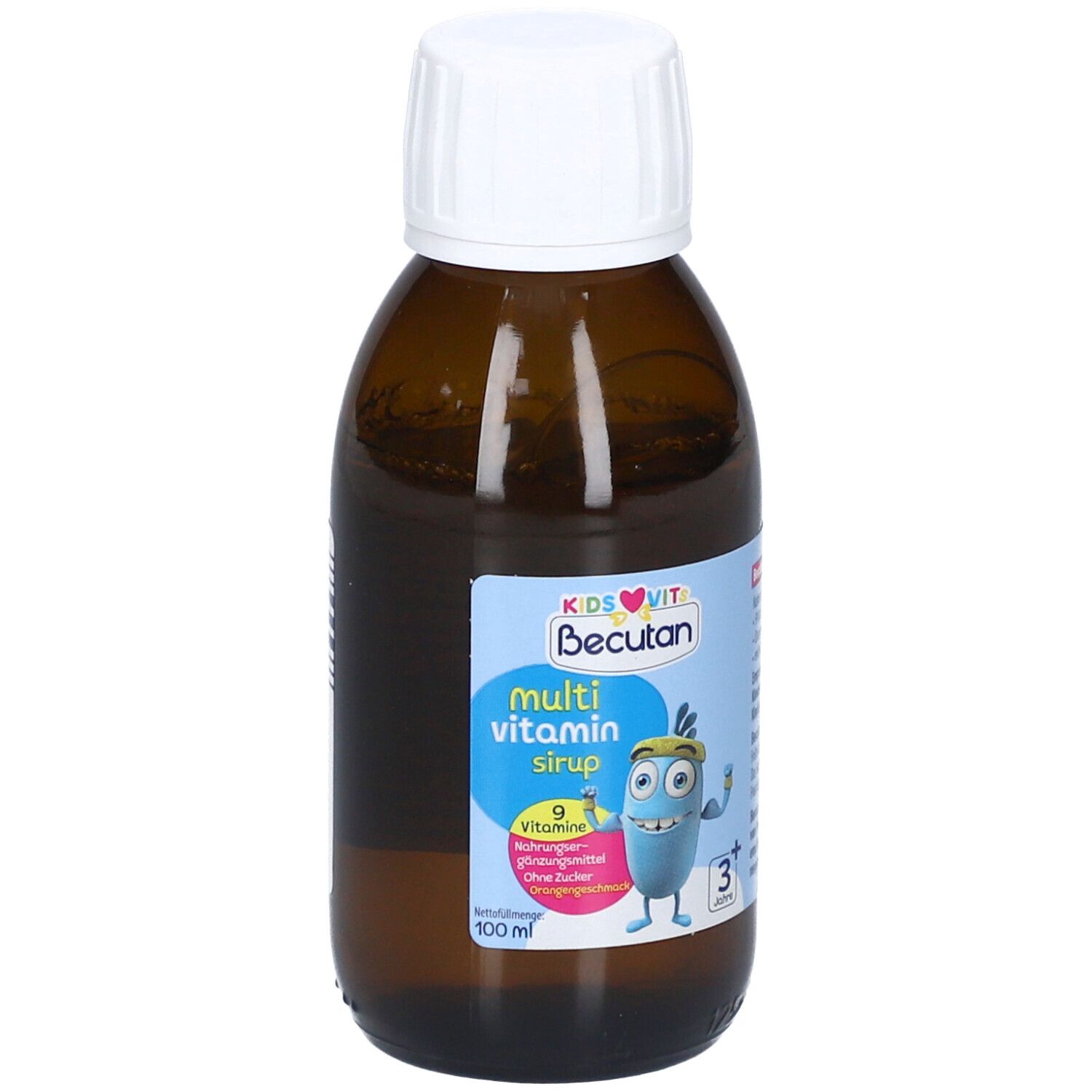 Braune Glasflasche mit weißem Deckel. Etikett mit Produktname, Cartoon-Figur und Altersangabe.