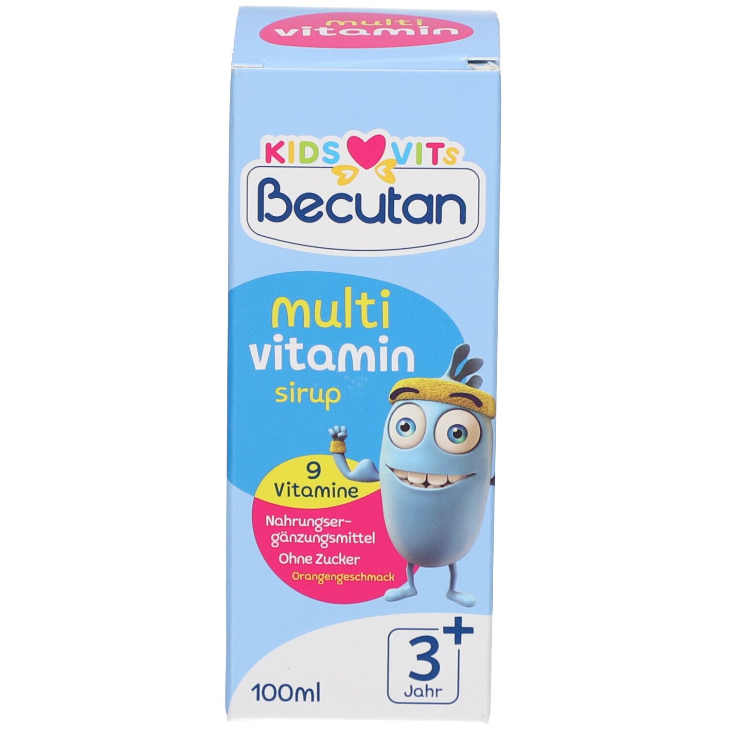 Blaue Schachtel mit Produktname, Cartoon-Figur und Altersangabe. Enthält eine Flasche.