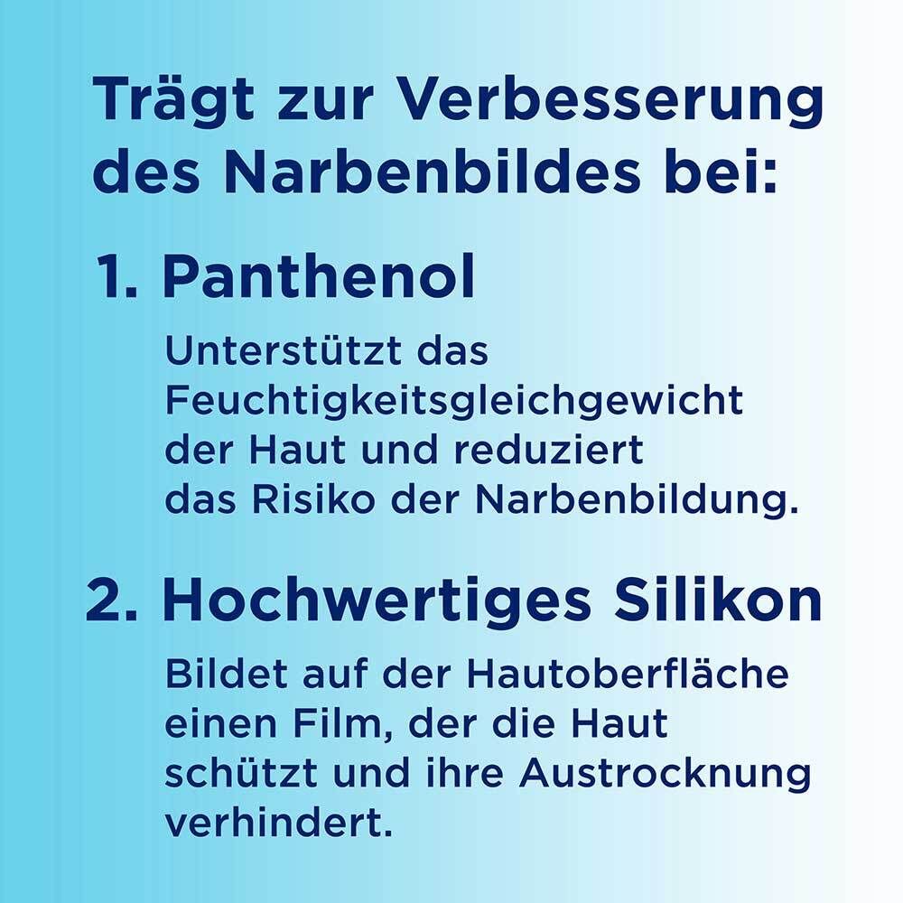 Text: Trägt zur Verbesserung des Narbenbildes bei: Panthenol, hochwertiges Silikon.