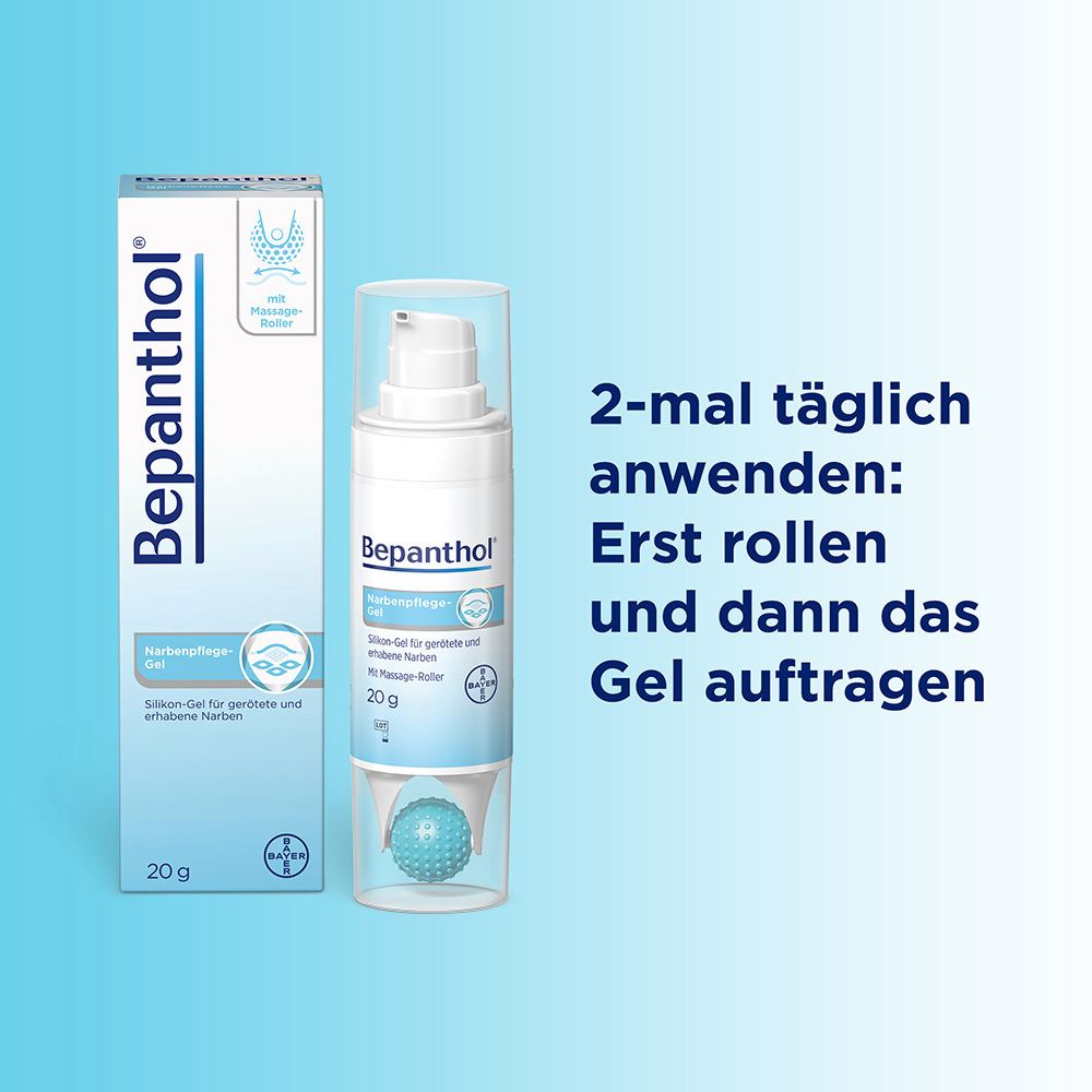 Produkt: Bepanthol Narbenpflege-Gel. Mit Massage-Roller. Anwendung: 2x täglich. Erst rollen, dann Gel.