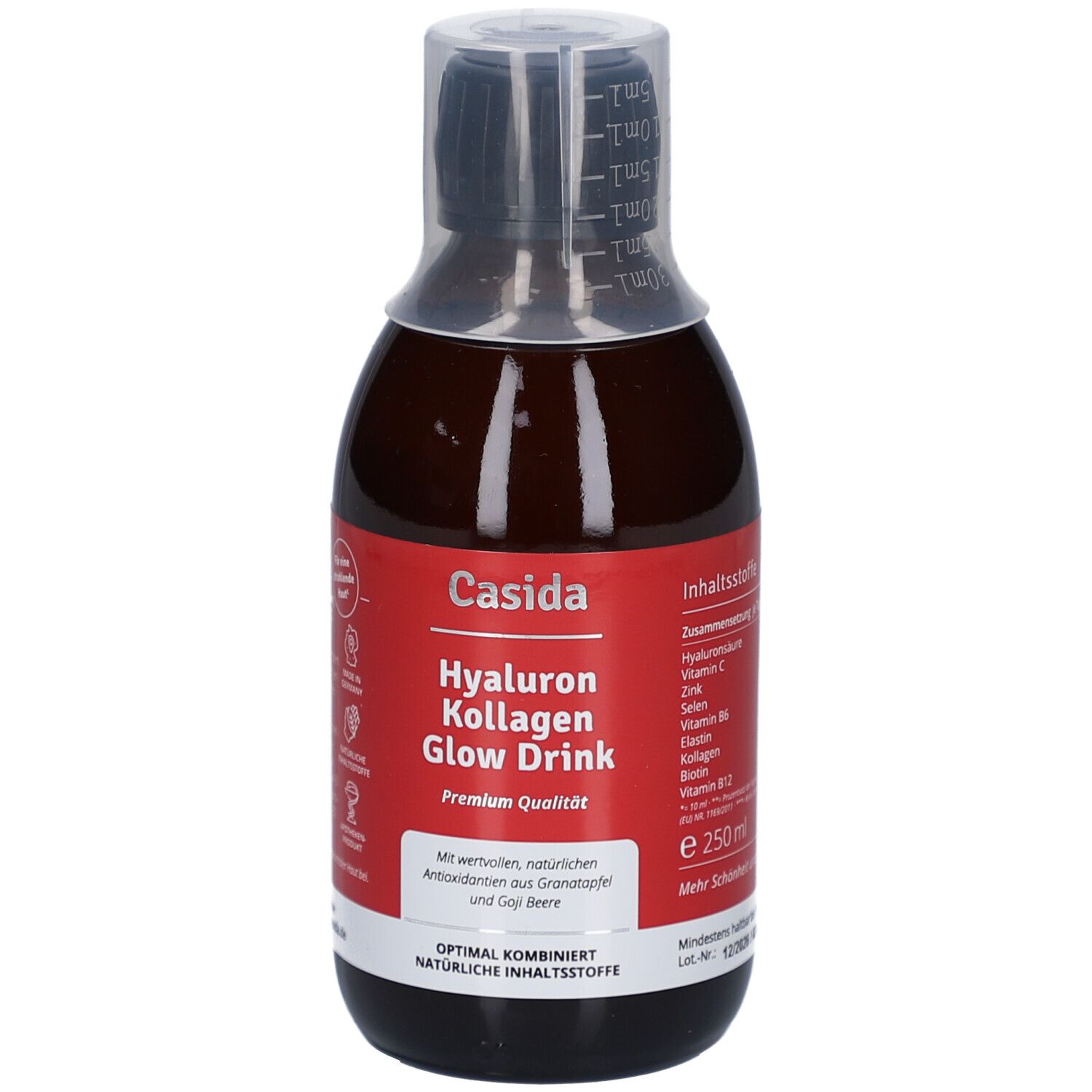 Braune Flasche mit Messbecher. Aufschrift: Casida Hyaluron Collagen Glow Drink. Roter Aufkleber mit Produktinformationen.