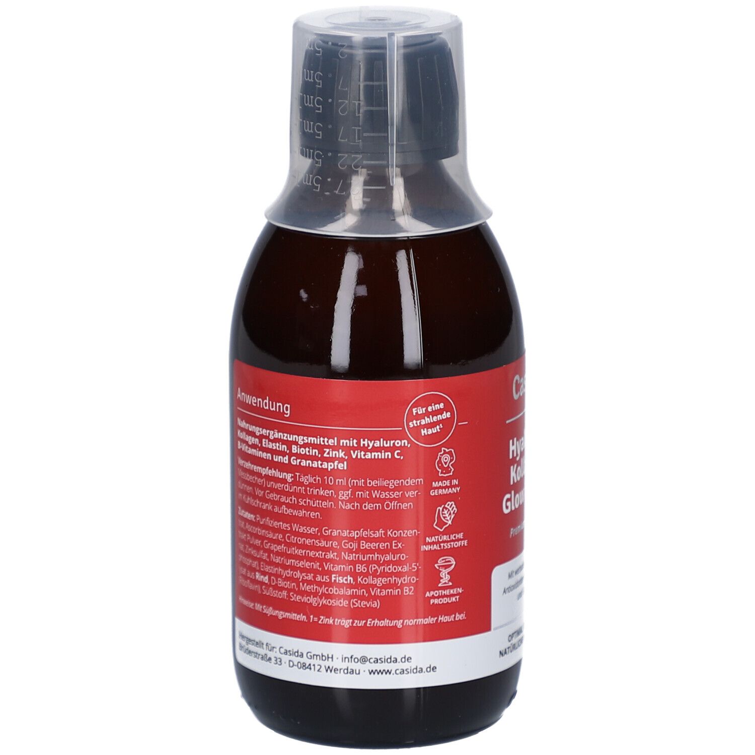 Rückseite der Flasche. Roter Aufkleber mit Produktinformationen und Anwendungshinweisen. Messbecheraufsatz.