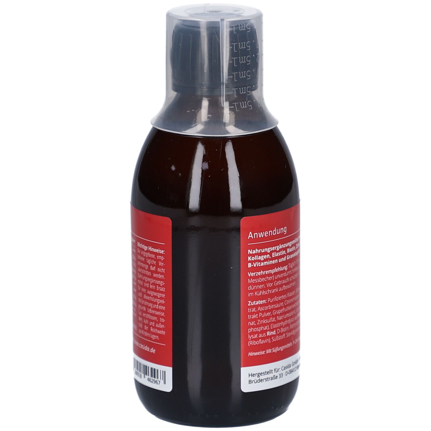 Rückseite der Flasche. Roter Aufkleber mit Produktinformationen. Messbecheraufsatz.