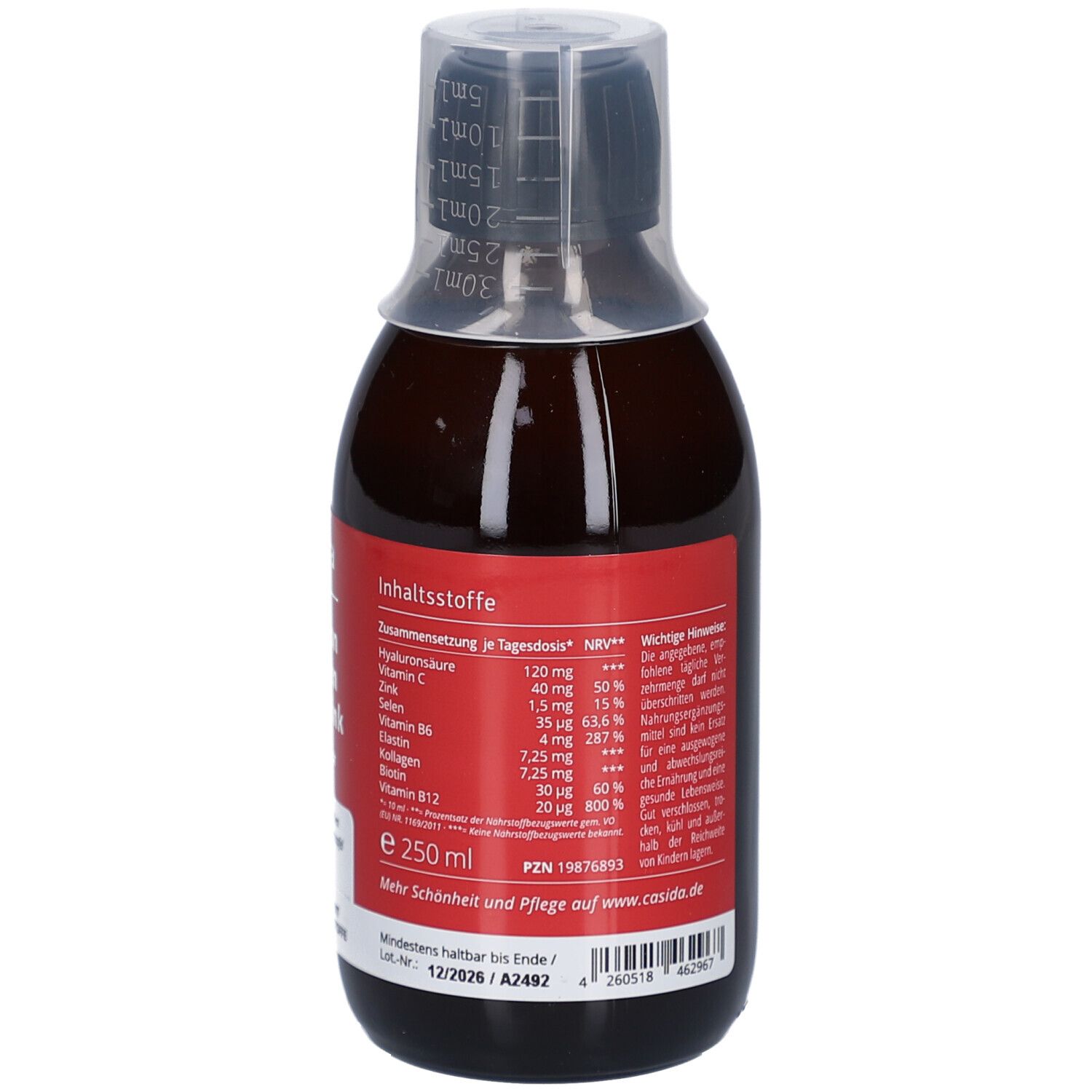 Rückseite der Flasche. Roter Aufkleber mit Inhaltsstoffen und Nährwertangaben. Messbecheraufsatz.