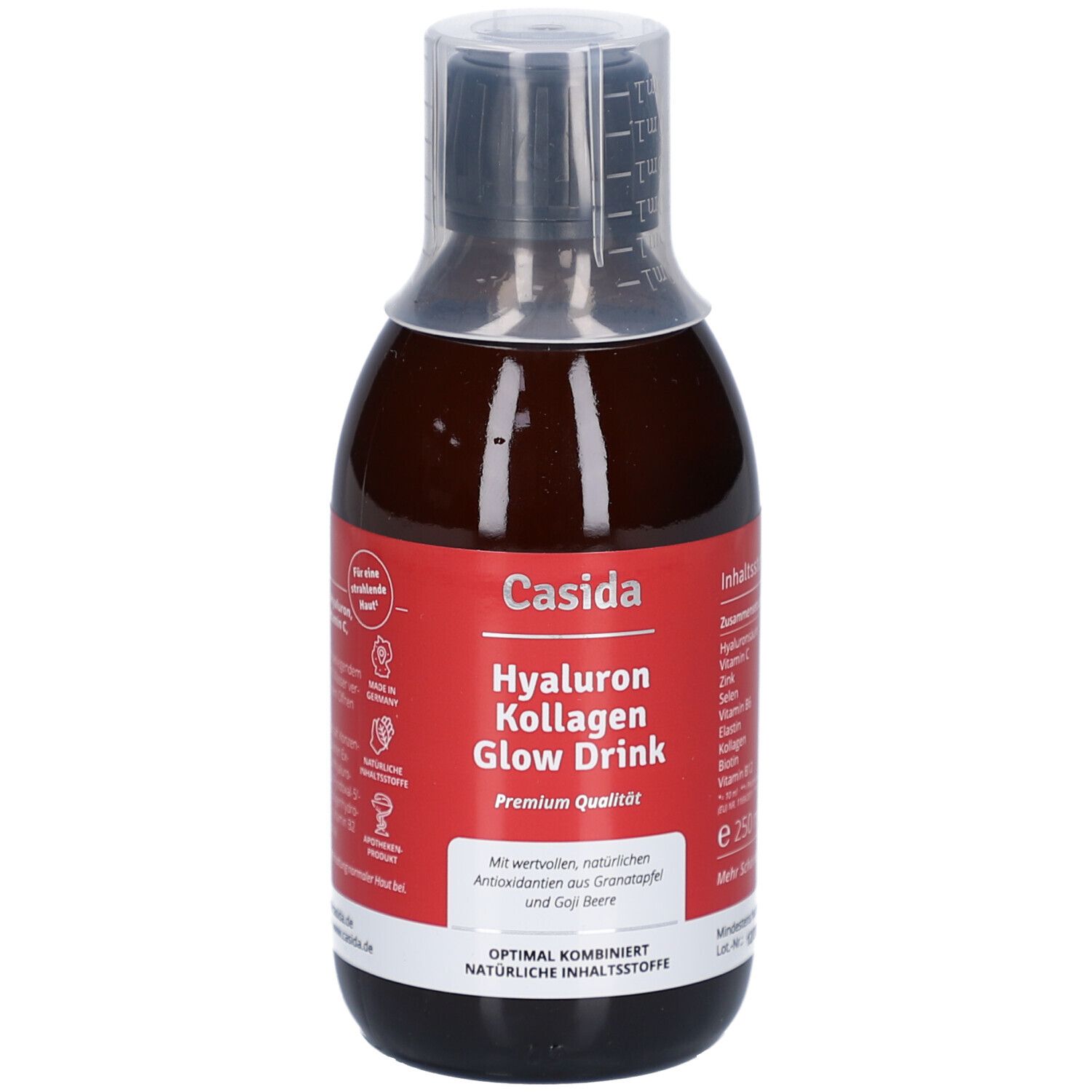 Braune Flasche mit Messbecher. Aufschrift: Casida Hyaluron Collagen Glow Drink. Roter Aufkleber mit Produktinformationen.
