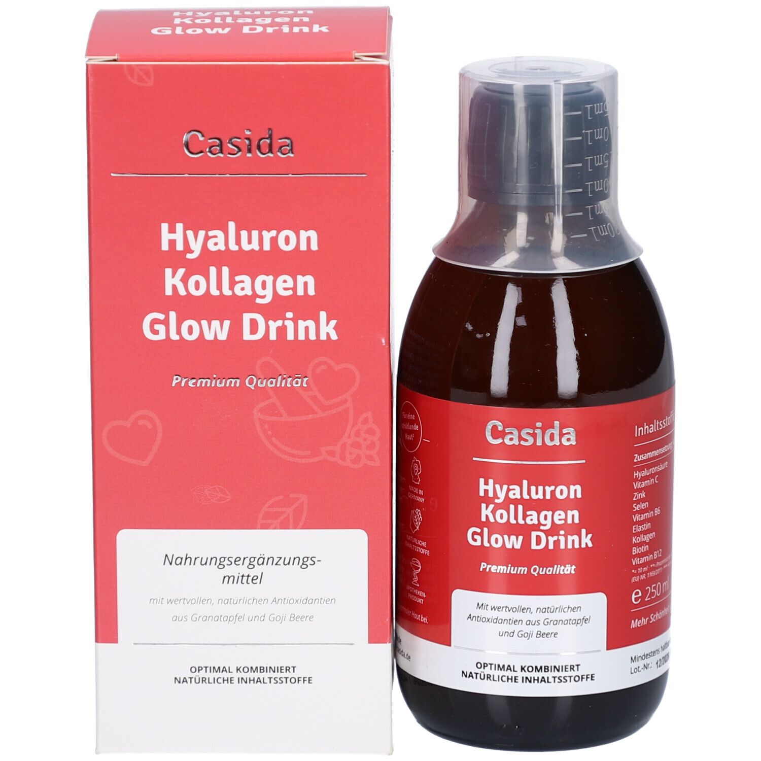 Flasche und Schachtel. Aufschrift: Casida Hyaluron Collagen Glow Drink. Rote Verpackung mit Produktinformationen.