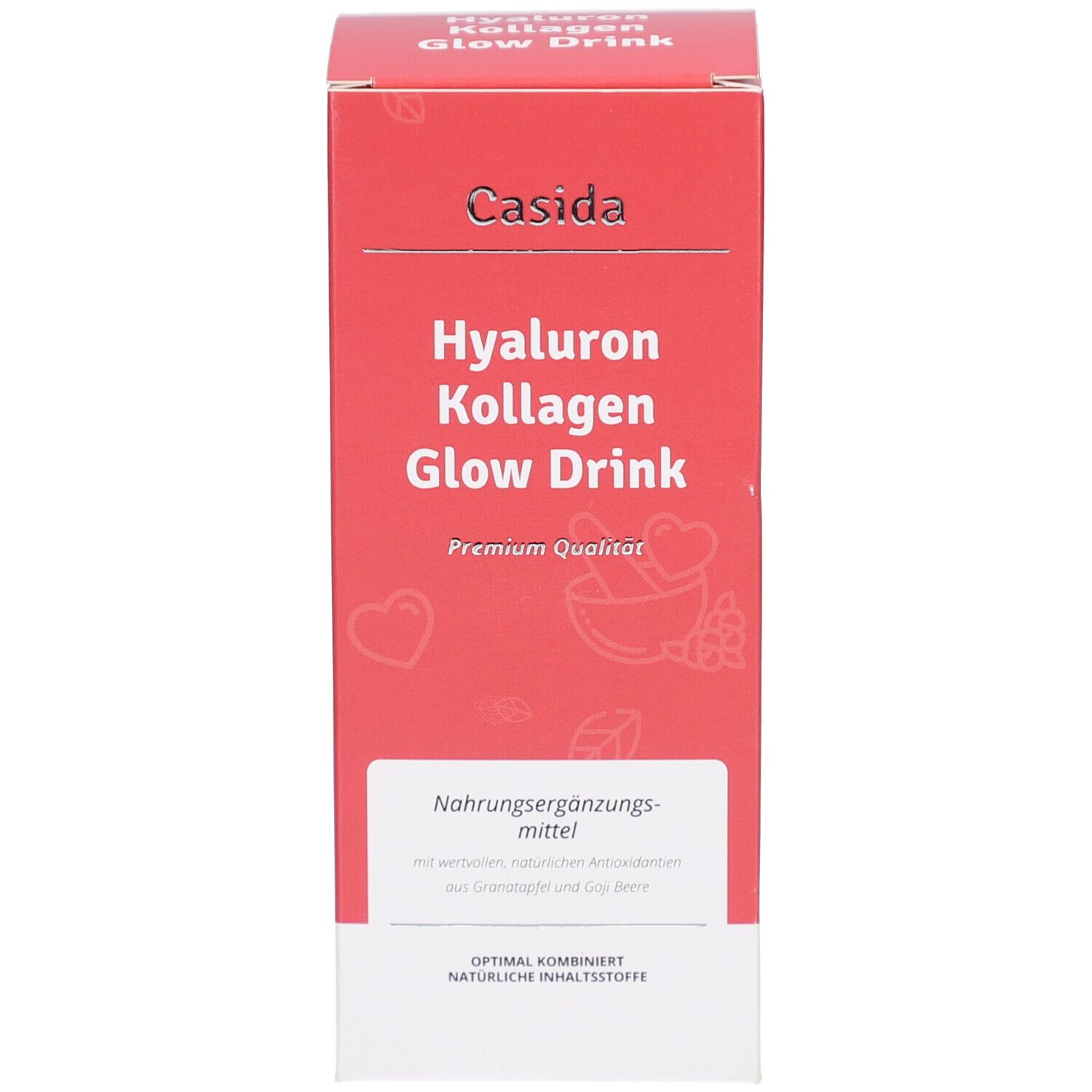 Rote Schachtel. Aufschrift: Casida Hyaluron Collagen Glow Drink. Produktinformationen und Logo.