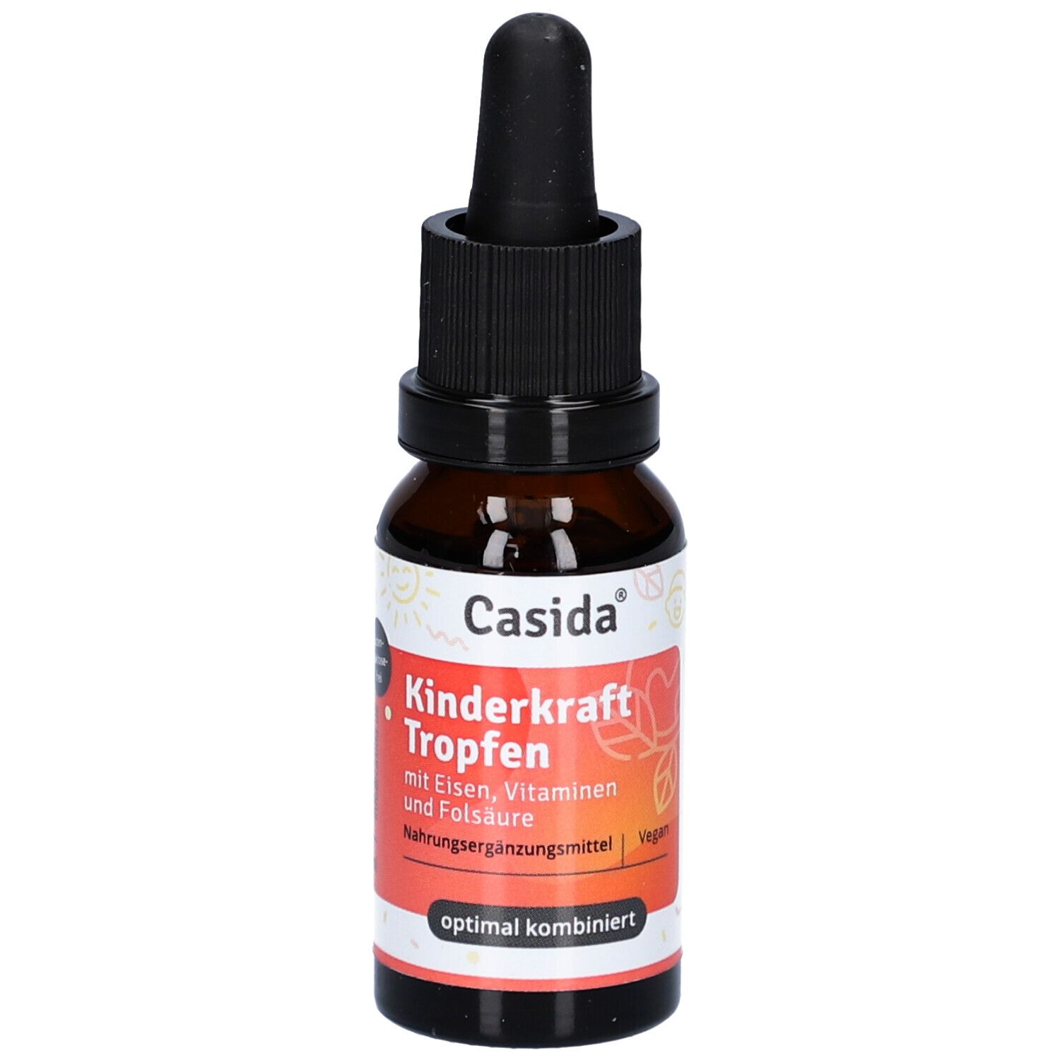 Braune Glasflasche mit schwarzem Verschluss und Pipette. Etikett mit Produktnamen und Inhaltsstoffen. Vegan.