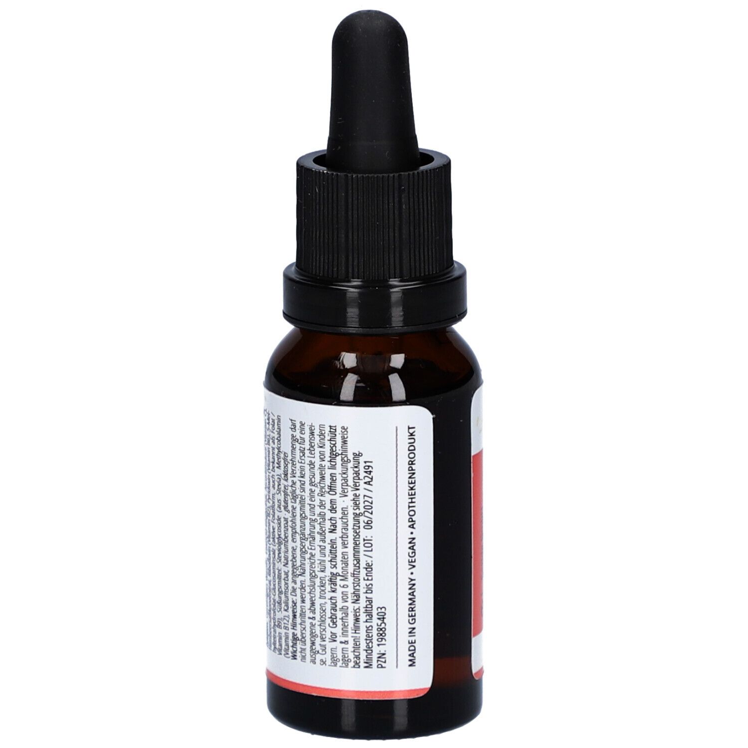 Braune Glasflasche mit schwarzem Verschluss und Pipette. Etikett mit Produktinformationen und Herstelleradresse. Vegan.