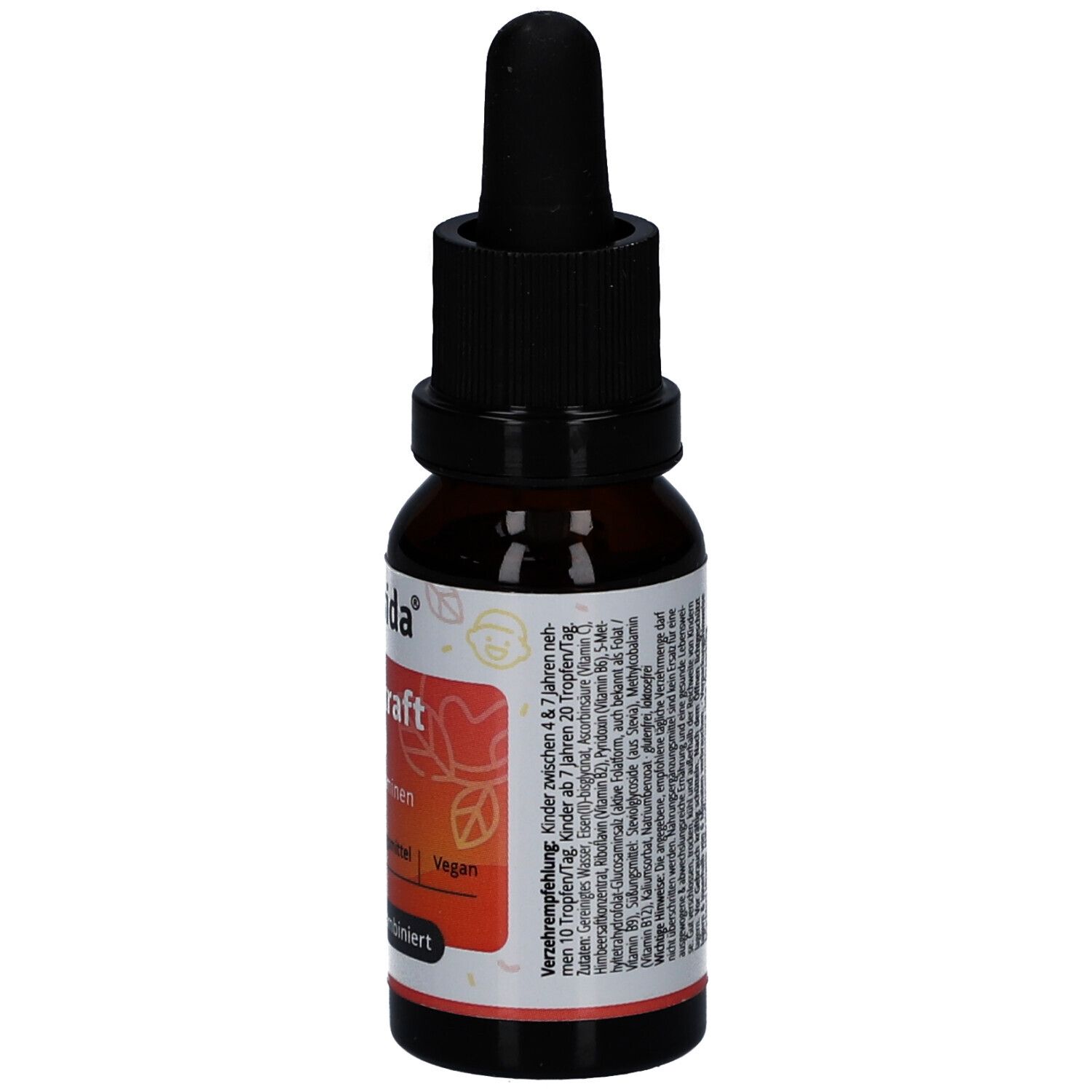 Braune Glasflasche mit schwarzem Verschluss und Pipette. Etikett mit Produktnamen und Dosierungsempfehlung. Vegan.