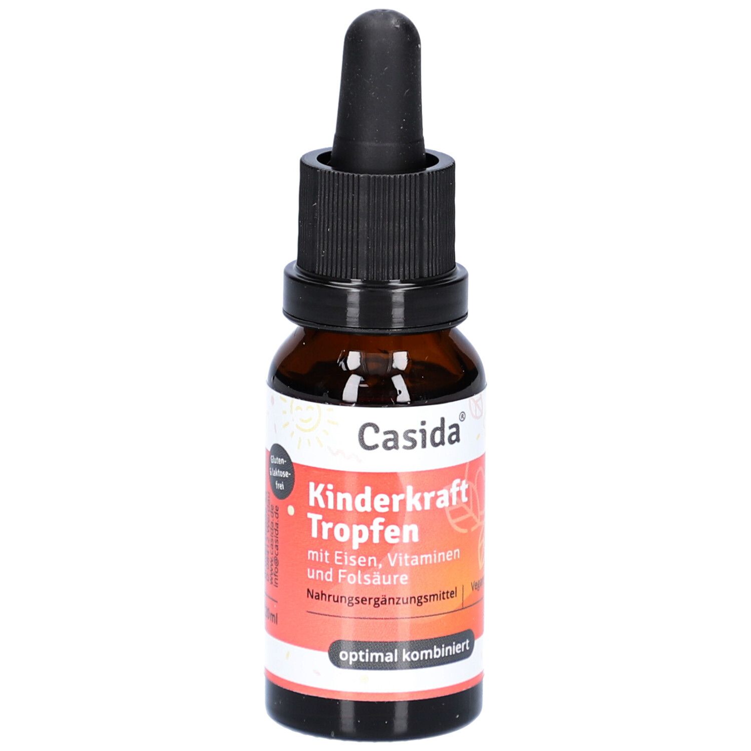 Braune Glasflasche mit schwarzem Verschluss und Pipette. Etikett mit Produktnamen und Inhaltsstoffen. Vegan.