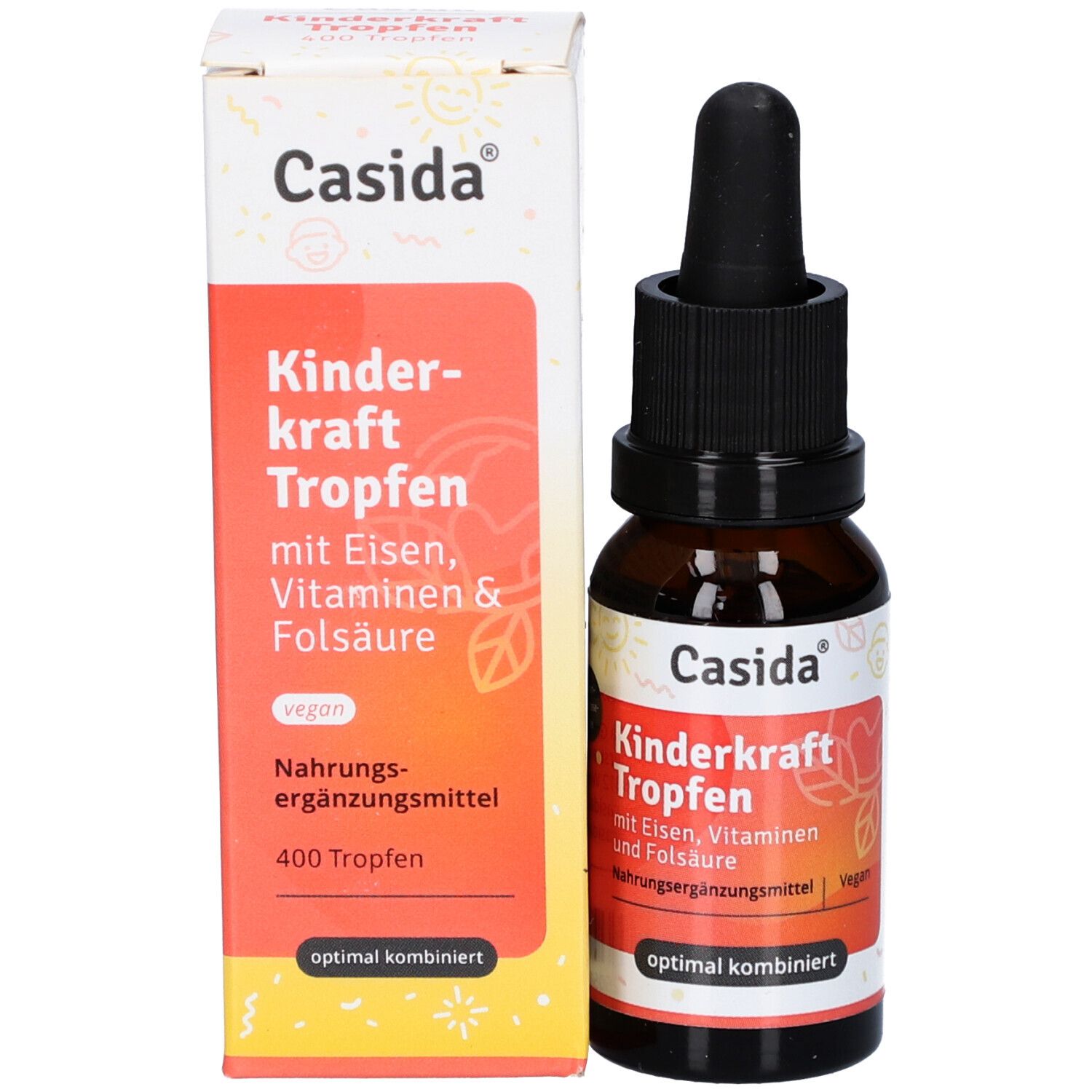 Braune Glasflasche mit schwarzem Verschluss und Pipette, neben einer weißen Verpackung. Produktname und Inhaltsstoffe.