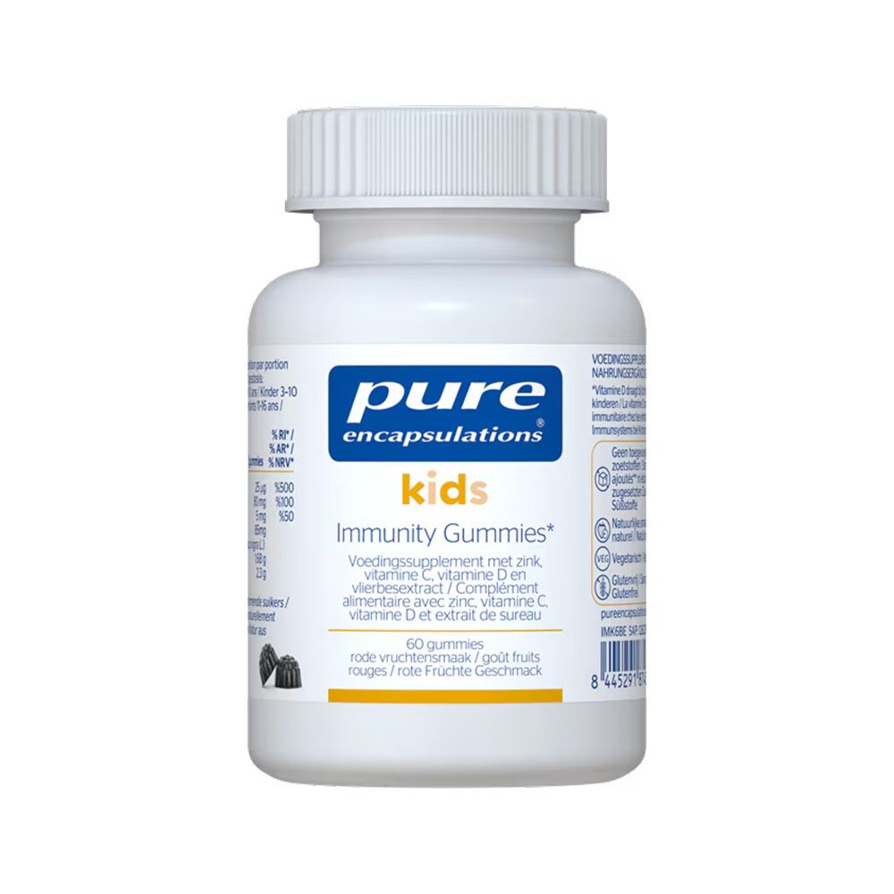 Weiße Flasche mit Schraubverschluss. Aufschrift: pure encapsulations kids Immunity Gummies. Enthält 60 Gummies.